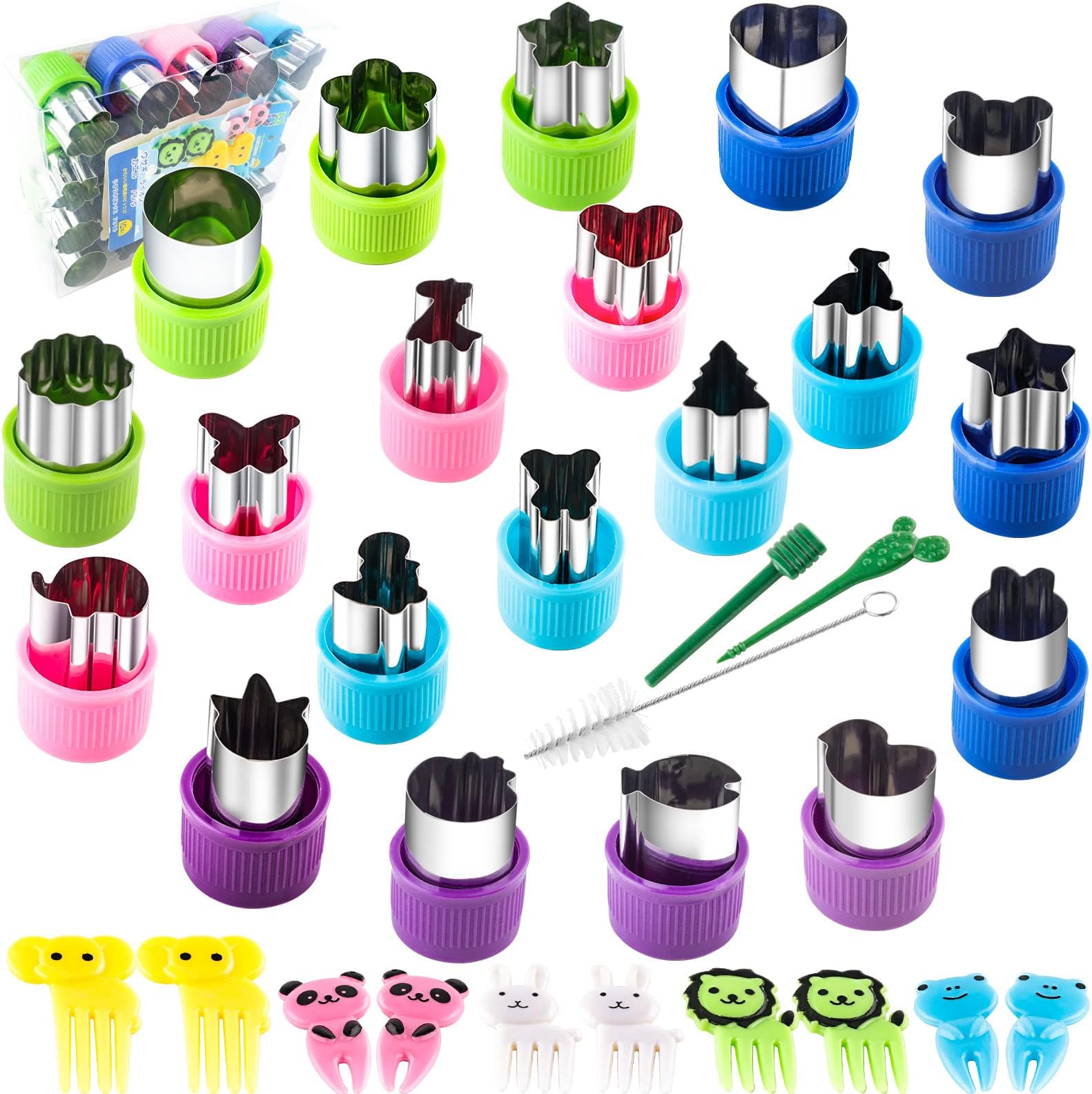 Cookie Cutters Shapes Small Cookie Cutter sets Mini Fruit Cutters for Kids 20 Pack Match with 10 Pack Animal Picks and Forks for Baking and Food Supplement Accessories