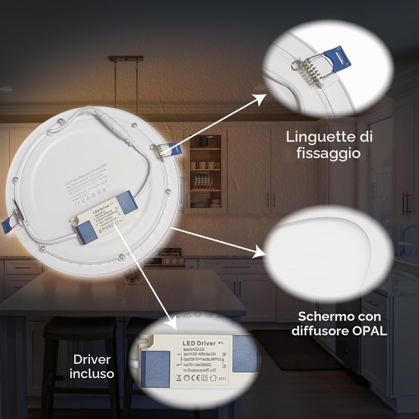 LED ATOMANT Confezione da 5 Pannello LED Downlight da Incasso Rotondo Piato 220mm 20W, Colore Bianco Neutro (4500K), 1800 Lumen, Driver incluso