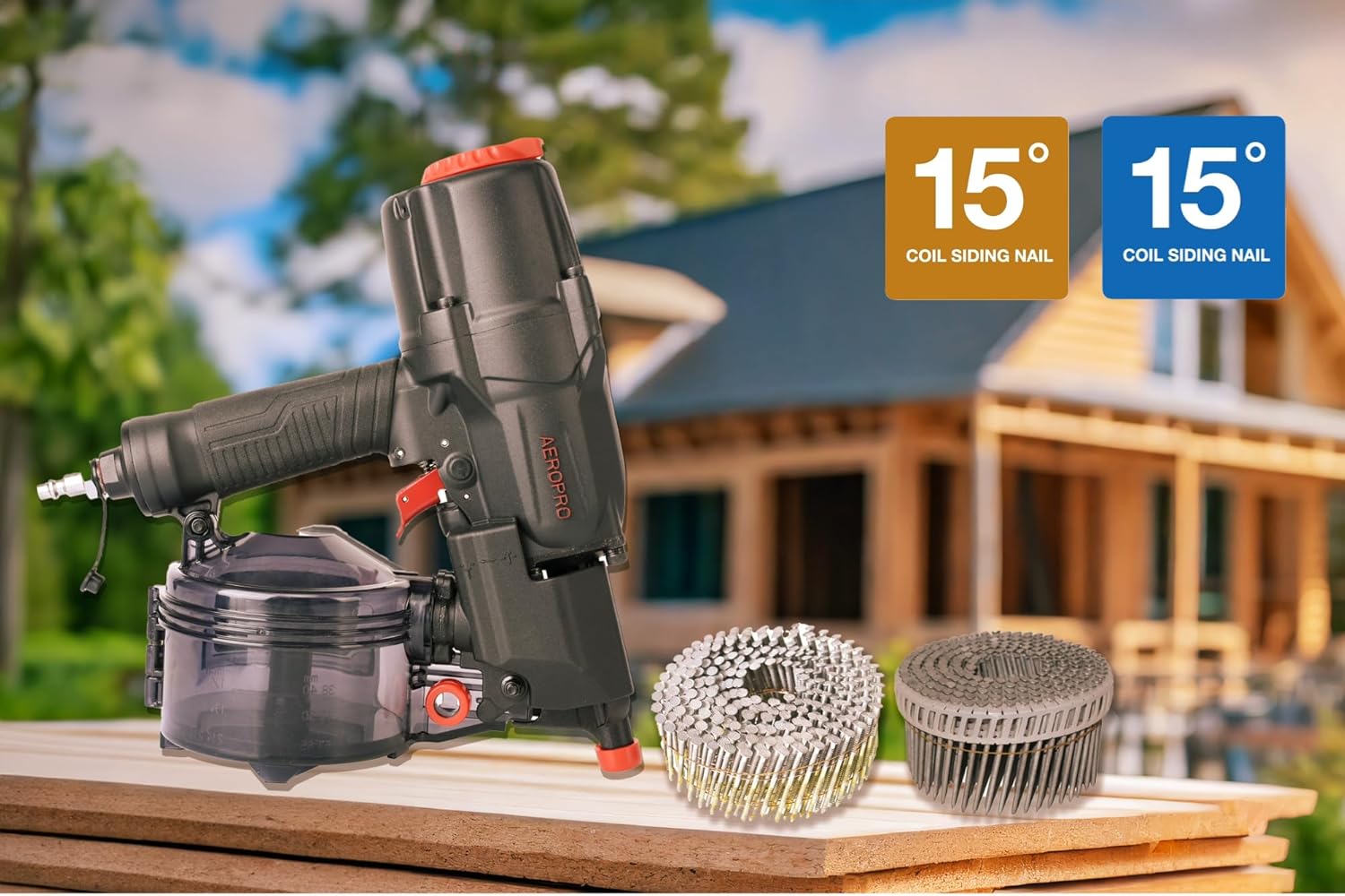 AeroPro CN65R 15 Degree 1-1/2″ to 2-1/2″ Pneumatic Coil Siding Nailer with Tool-less Depth Adjustment and Side Load, Tilt Bottom Magazine