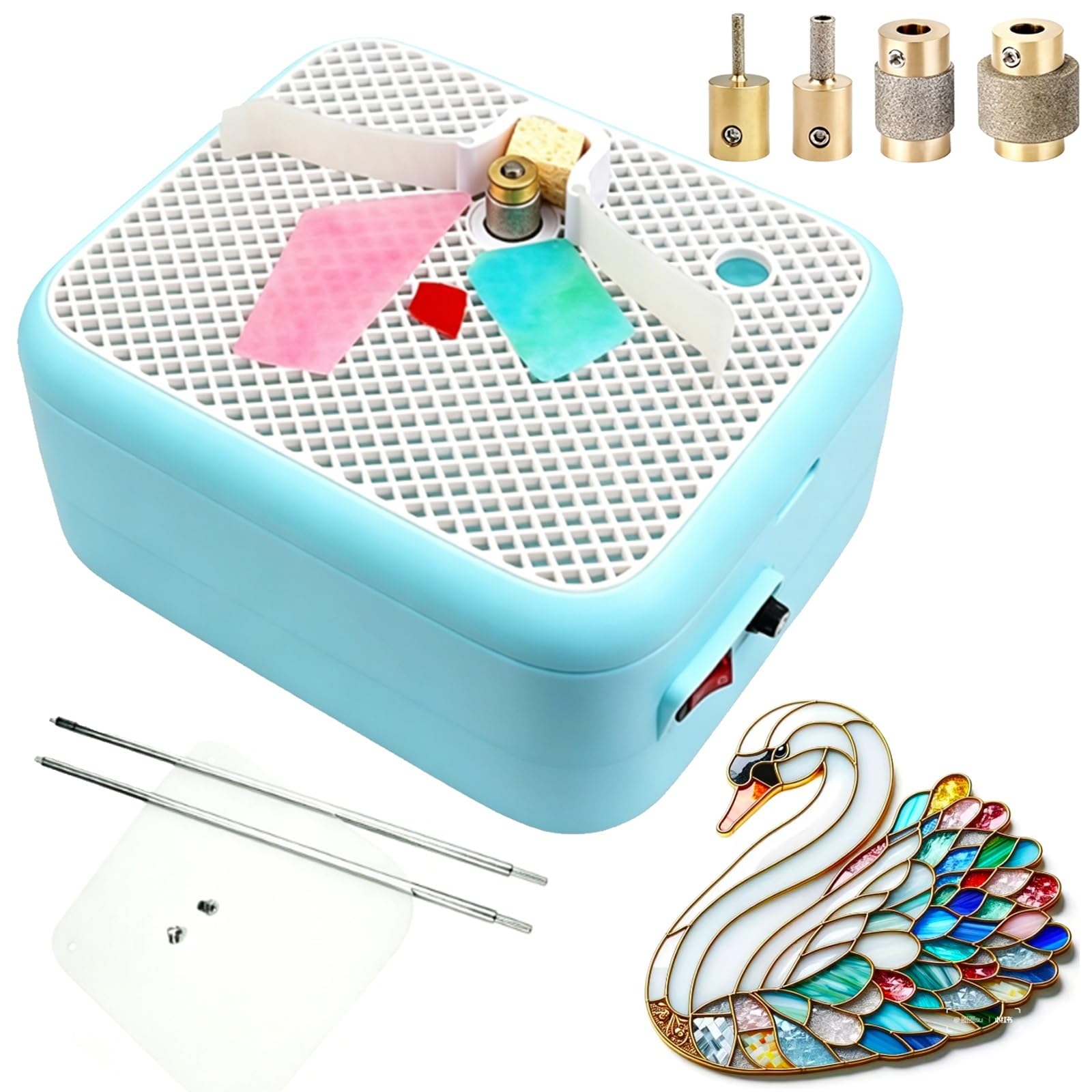 YXYLJOZ Portable Mini Glass Grinder, Electric Stained Glass Tool, with Acrylic Baffle, 4 Diamond Bits and Automatic Water Feed, for Stained Glass, Ceramics and Other Materials