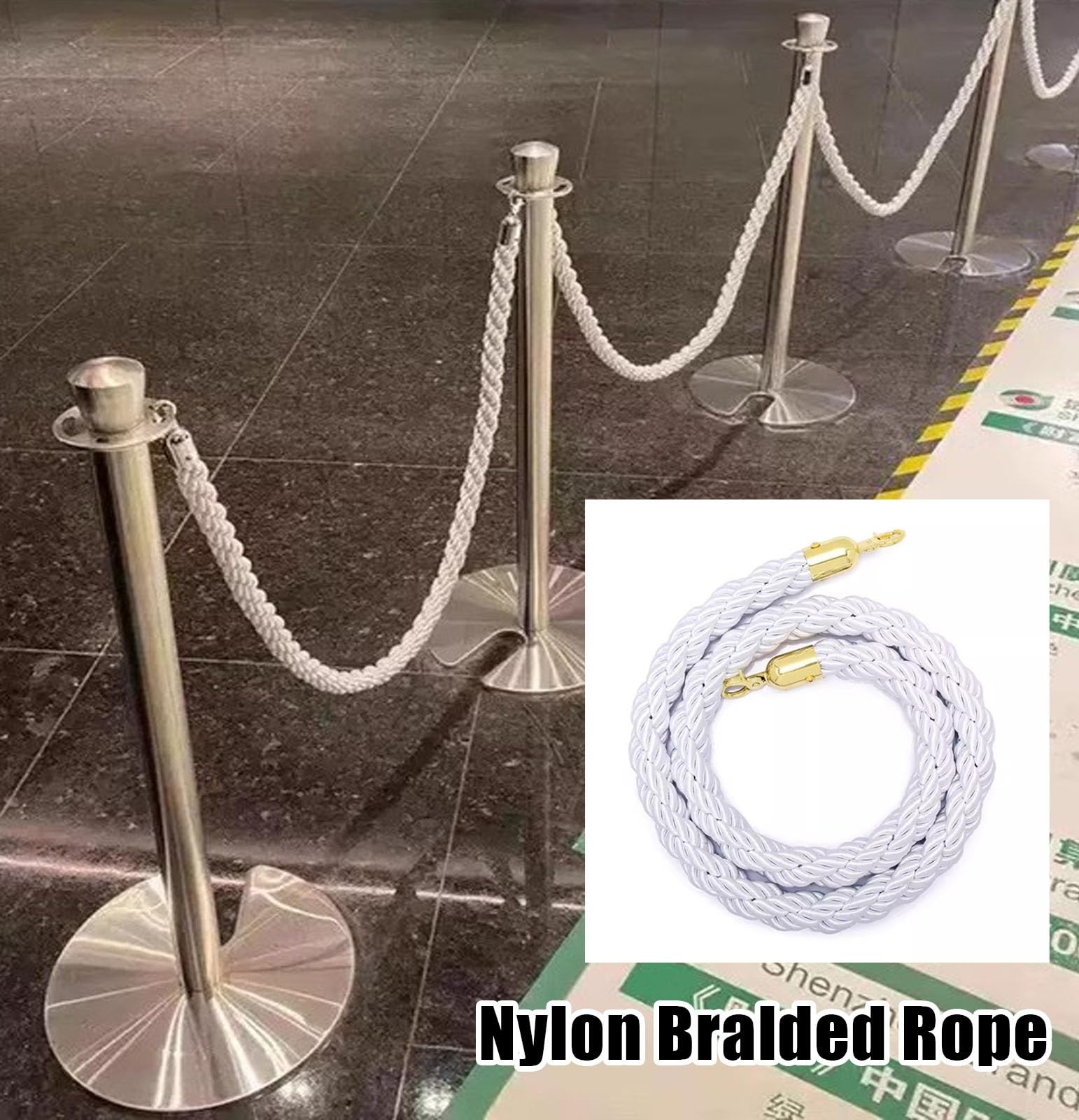 3 postes de cuerda trenzada blanca con mosquetones (0,6-3,05 m) for control de multitudes en eventos y recintos.(Silver Hook,210cm)