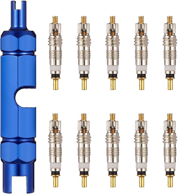FRIUSATE 10pcs Presta Valve Cores Replacement Bicycle Presta Valve Remover Tool Kit Copper Tubeless Presta Valve Core For Universal Road Bike Car Valve Core Repair Tool Includes Extender Wrench