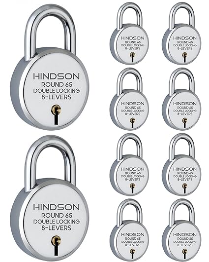 HINDSON Lock Round 65mm with 3 Key, Steel Double Locking, 8 Lever Padlock for Door, Gate, Shutter, Home Harri Ram (Silver Finish, Pack of 10)