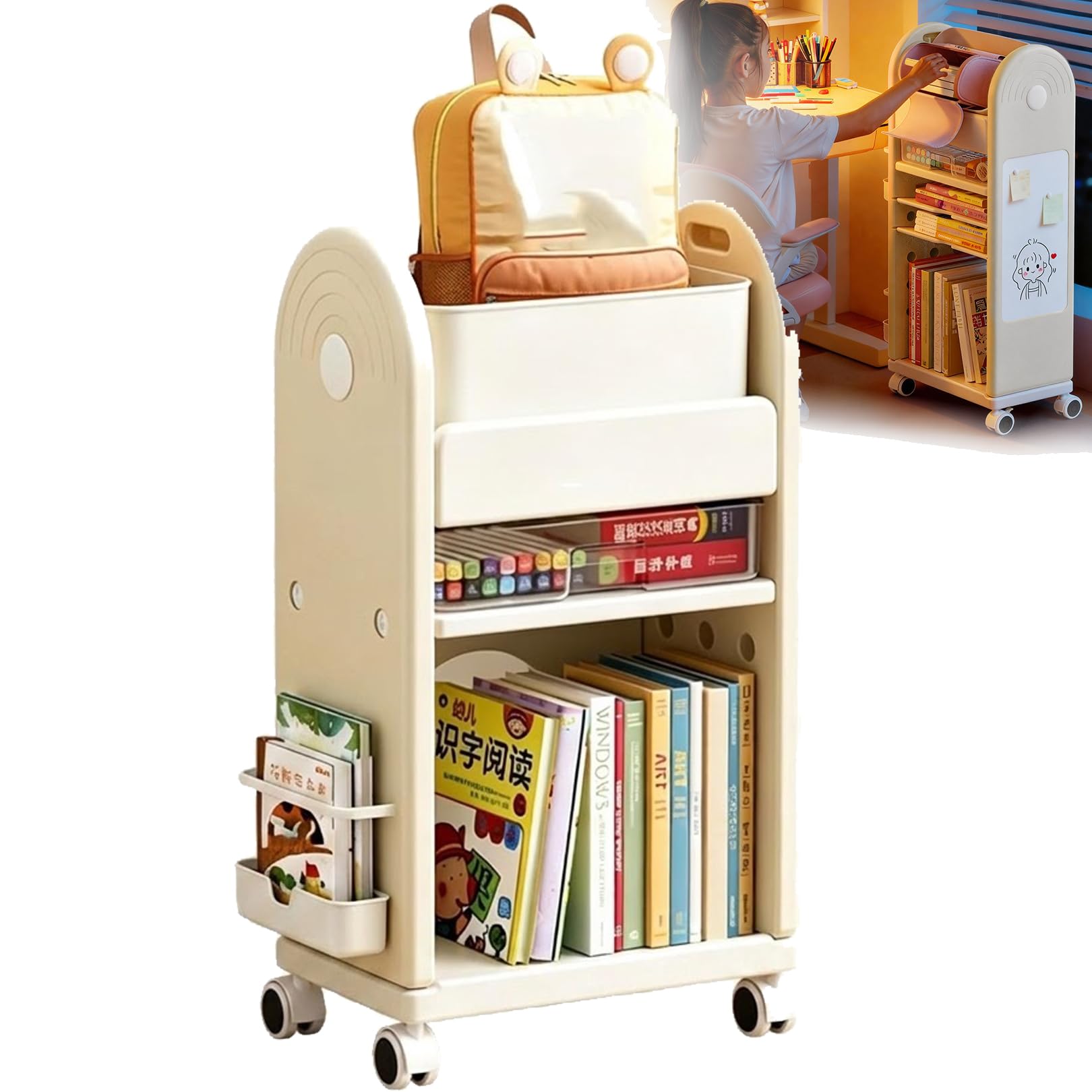 Home Bookcase Multifunctional 3Tier 5 Tier Bookshelf Organizer, Utility Cart with Lockable Casters, Narrow Rolling Storage Cart for Living Room, Bedroom, Kitchen (beige,3tier)