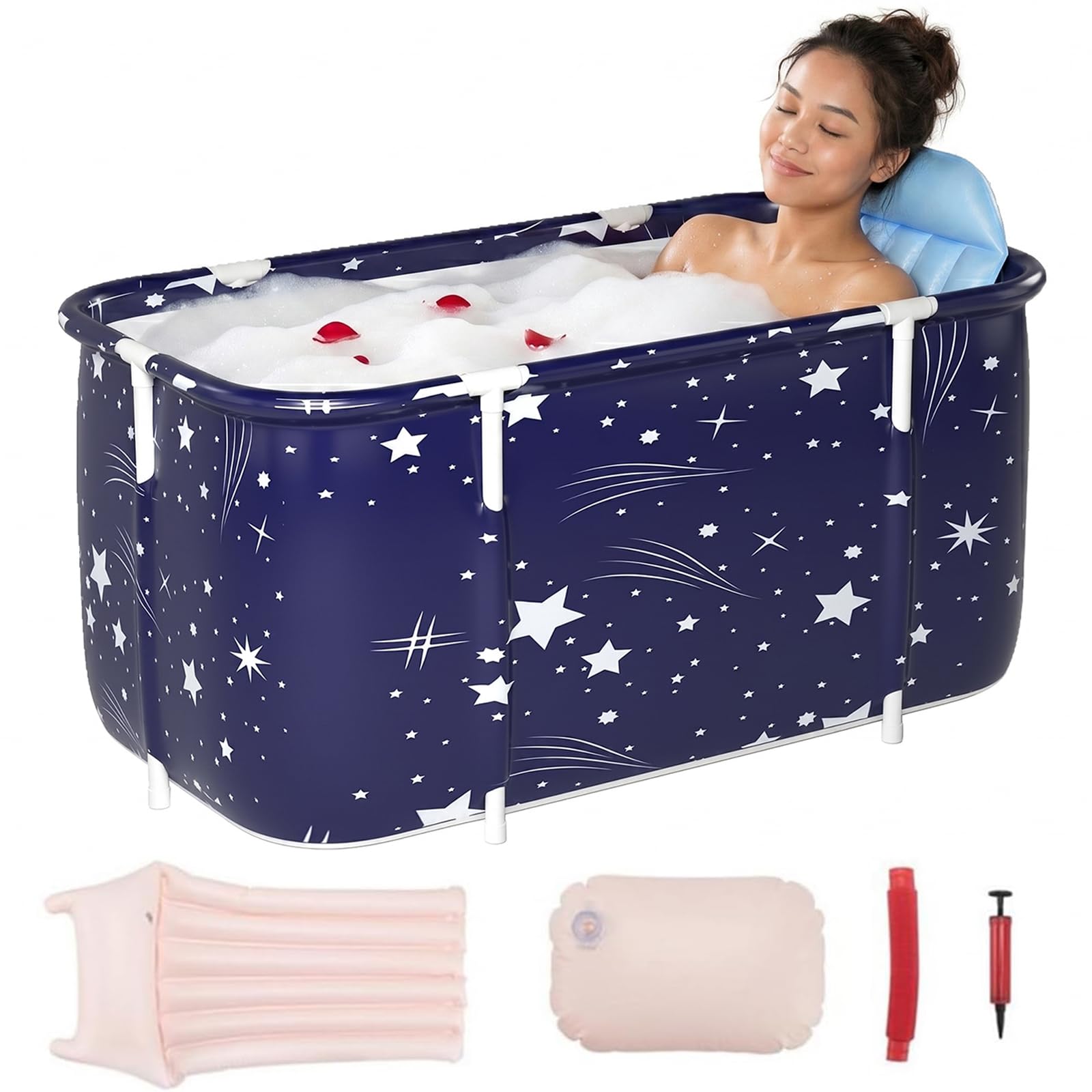 Baignoire Pliable Adulte, 120x55x50cm Portable Grande Baignoire de Trempage pour Bain Chaud, Bain Glacé, Spa, Seau de Bain Épais, pour Deux Personnes avec Dossier, Coussin et Pompe