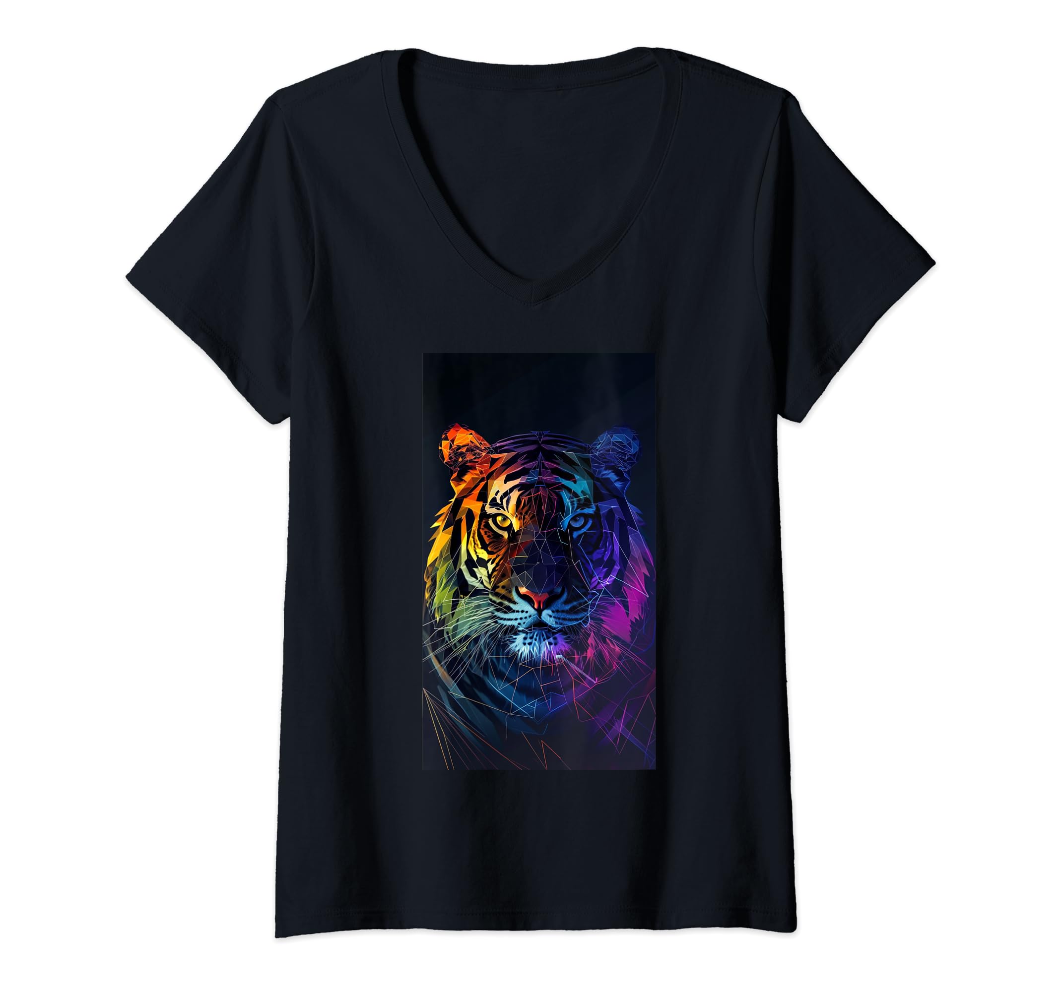 Womens Abstract Geometric Tiger Sharp Angular V-Neck T-Shirt