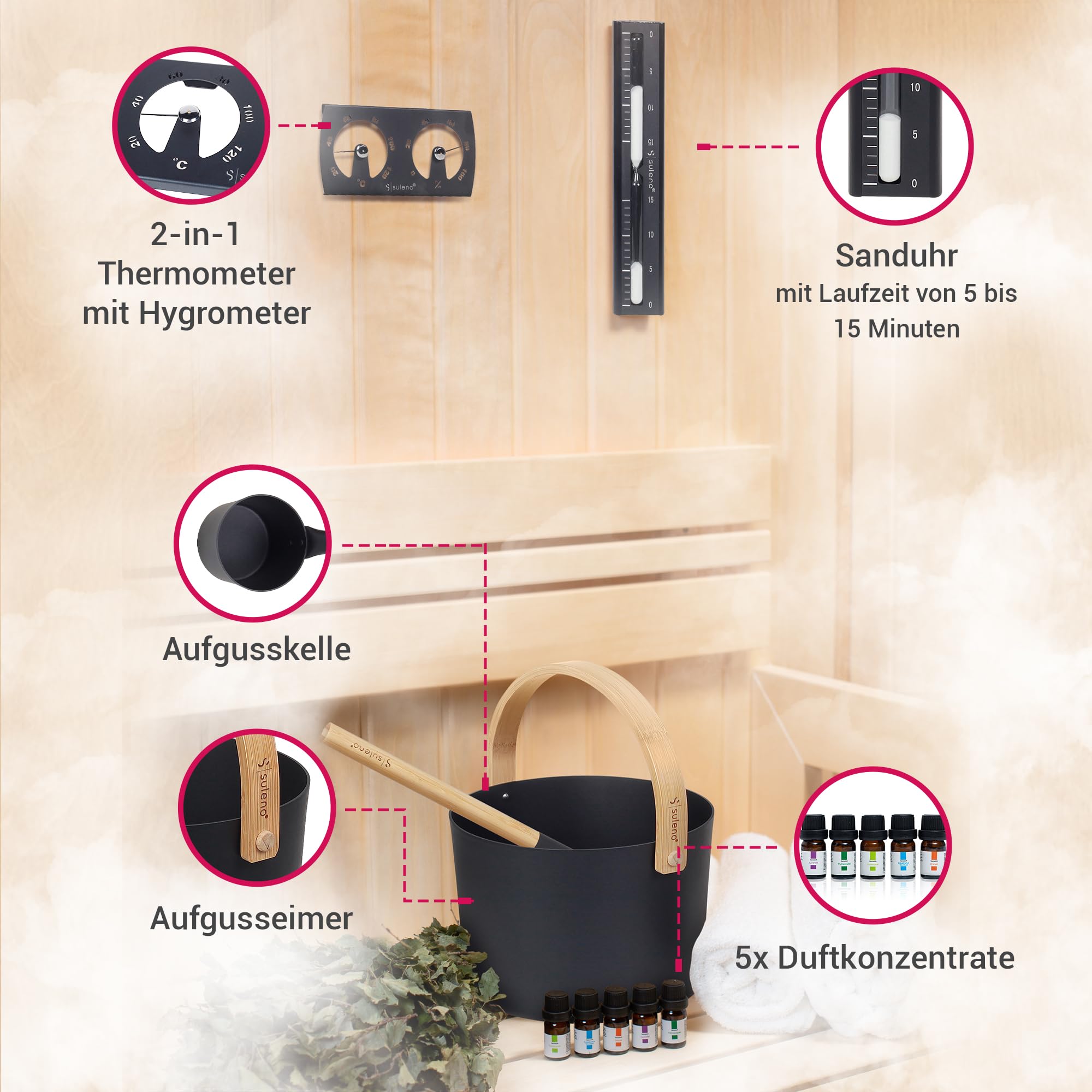 SULENO Saunazubehör-Set KJELL 9-teilig, inklusive Aluminium-Aufgusskübel & | Schöpfkelle mit Bambusgriff, Sauna-Thermometer & Hygrometer, Sanduhr & 5 Saunaöle
