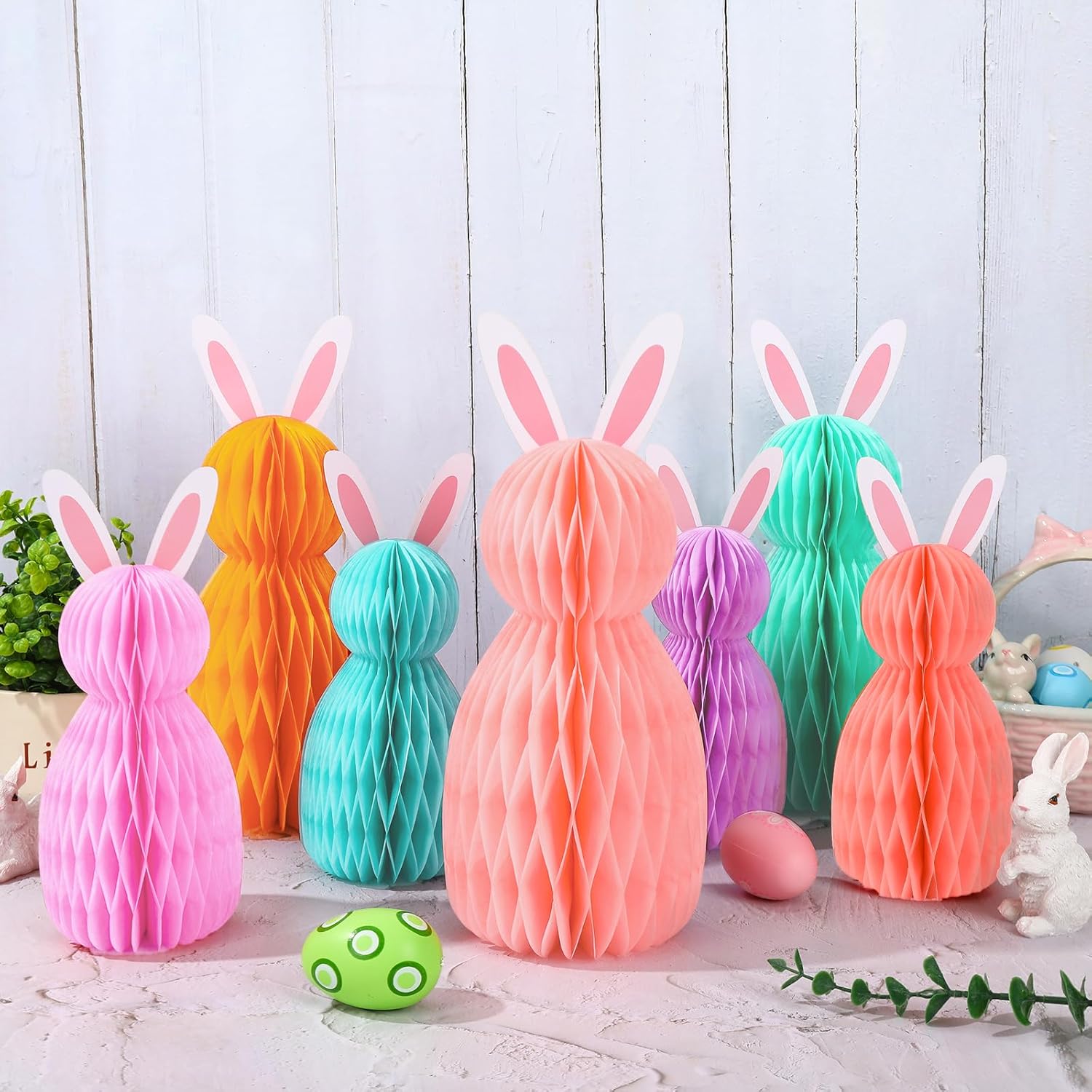 FYSUIMU 7Pcs Easter Bunny Honeycomb Centerpiece 2 Sizes Pastel Rabbit Table Ornament Colorful Animal 3D Honeycomb Ball Decoration for Spring Party Backdrop Supplies