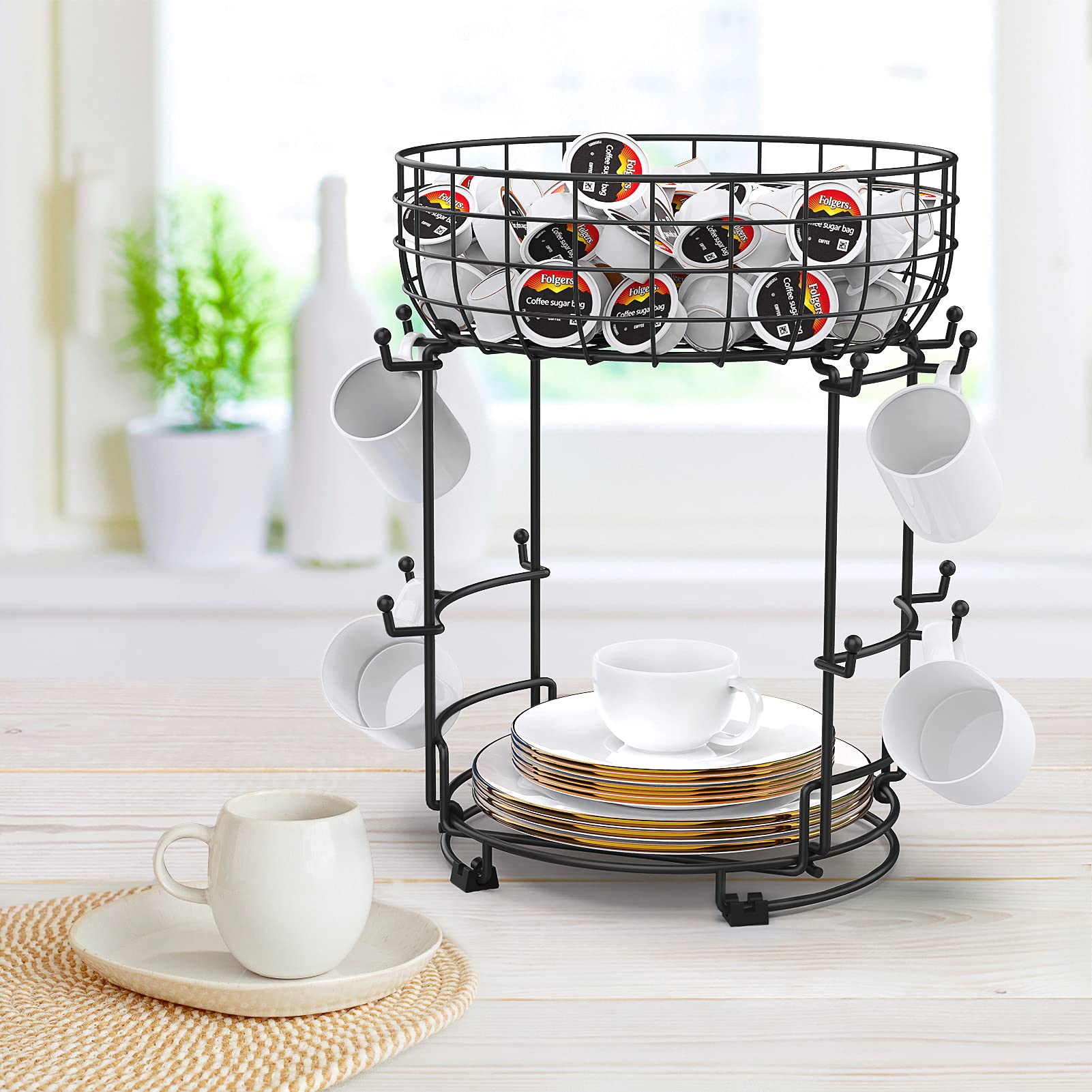 Bomclap Porta tazze in piedi in metallo per tazze da caffè e bicchieri, accessori da bar da caffè, accessori e organizzazione da cucina, 12 ganci (nero1)