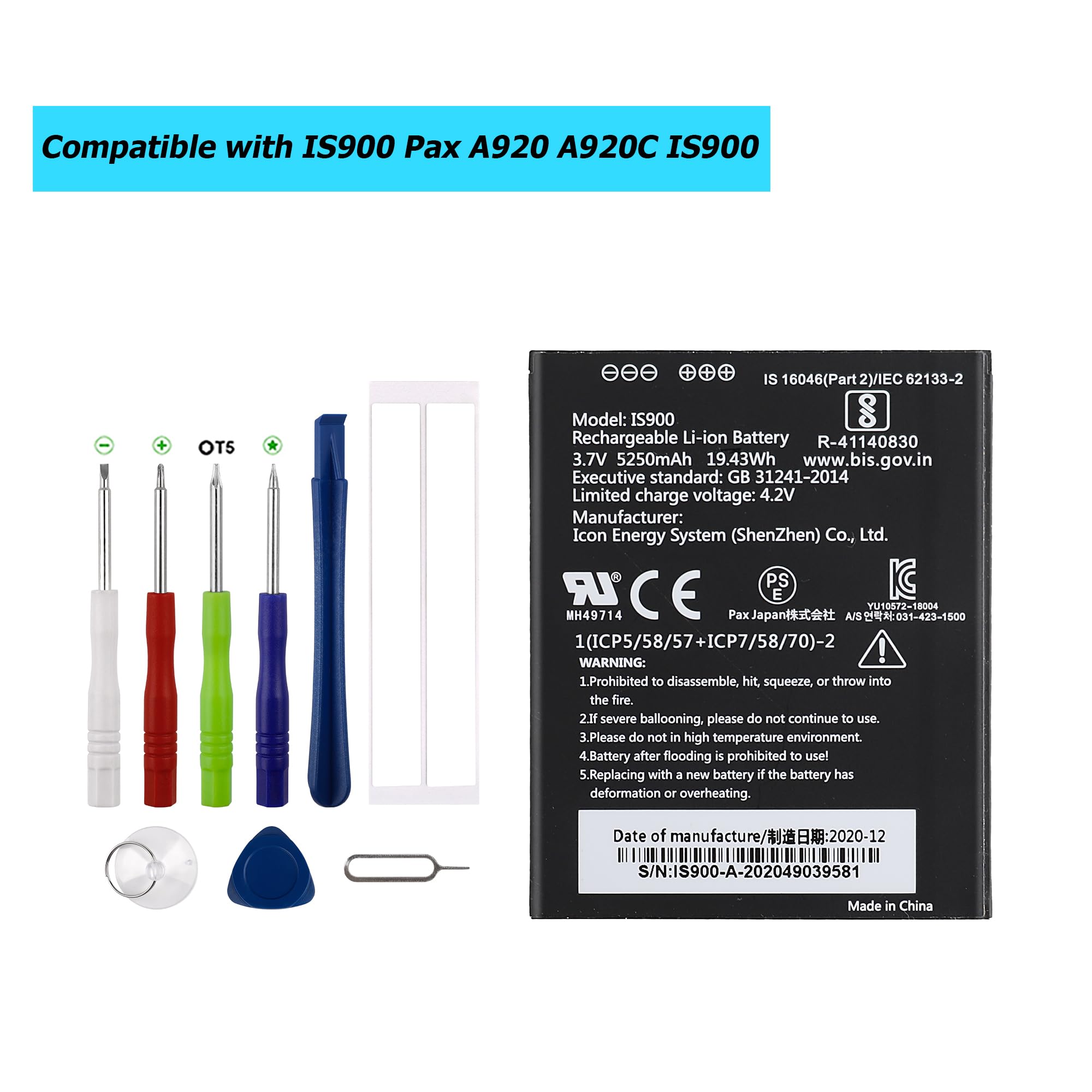 IS900 Ersatz Akku Kompatibel Für Pax A920 A920C IS900 with Toolkit