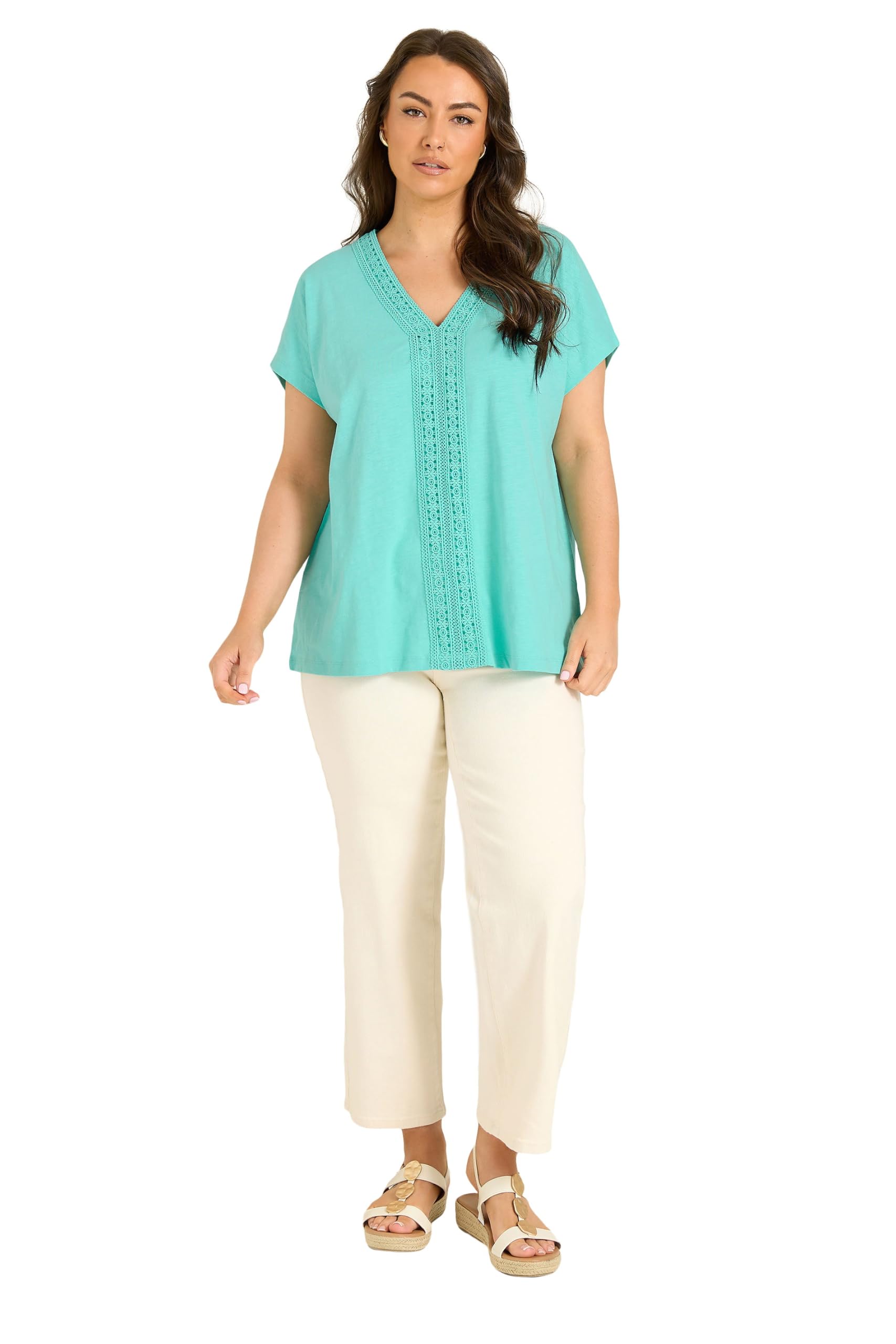Evans Women's Bright Blue Curve Aqua Blue Cotton Crochet Trim Top - Plus Size Curve
