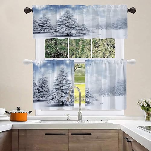 Miniatura 2 de Shrahala Cenefas de cocina de árboles de Navidad, copos de nieve de pino blanco, gris, plateado, cortina de media ventana, tratamiento de ventana