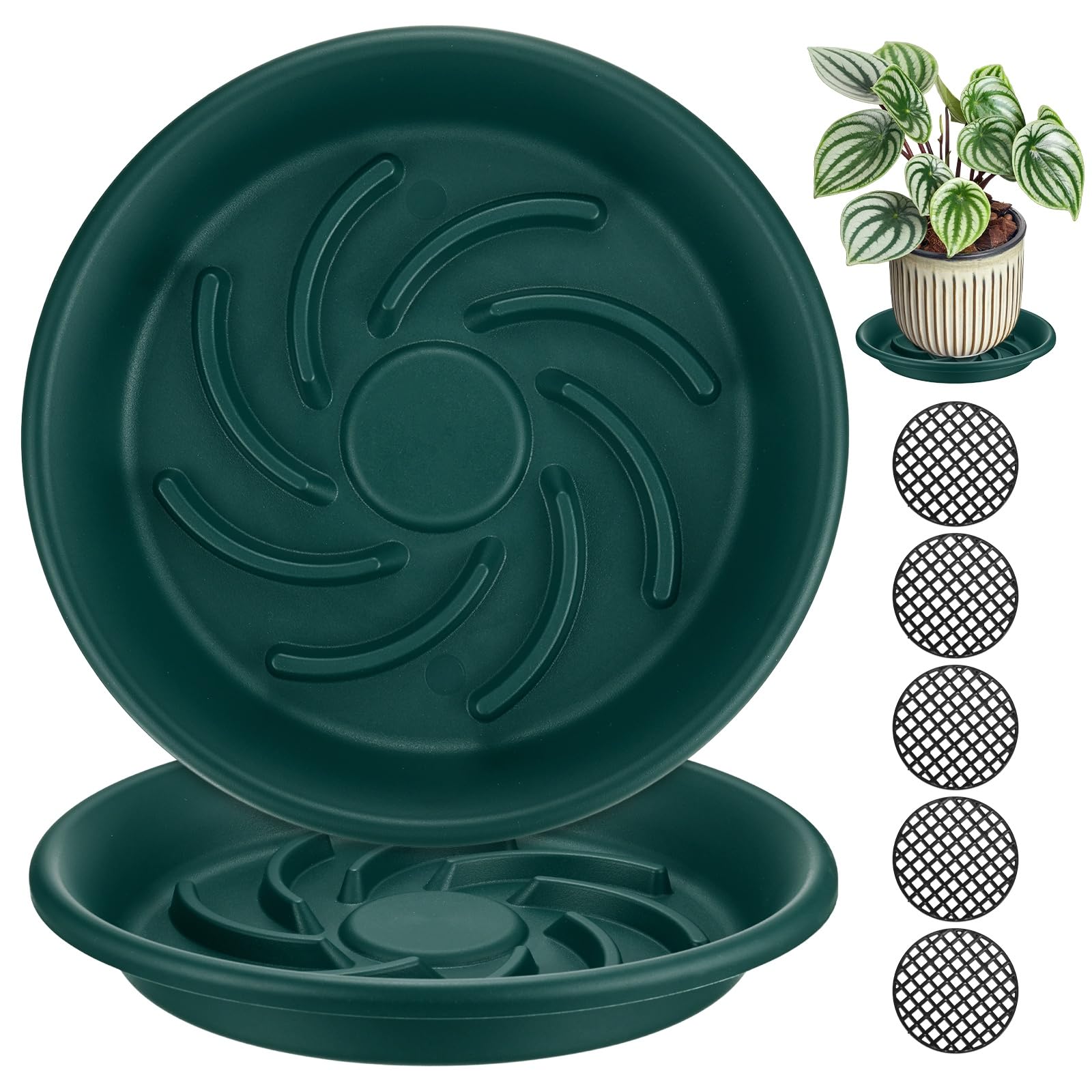 M METERXITY 2-Pack Plant Saucer, 9.4 Inch/ 24cm Plastic Plant Trays Thicker for Pots/Indoor/Outdoor/Water Drainage and Protection, Flowerpot Drip Tray [Dark Green]