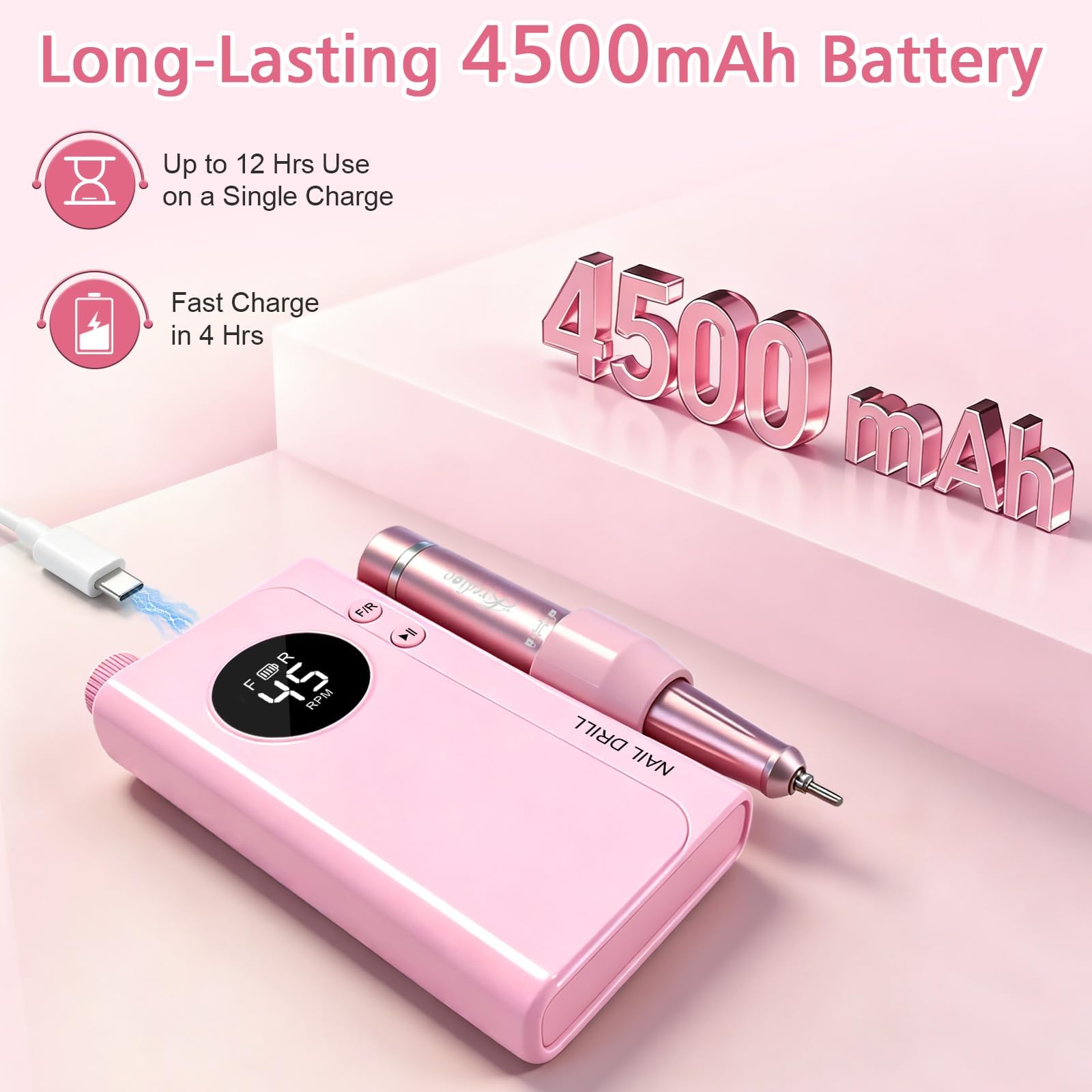 Kredioo Nagelfräser 45000 U/Min Akku Tragbare Elektrische Nagelfeile Rosa