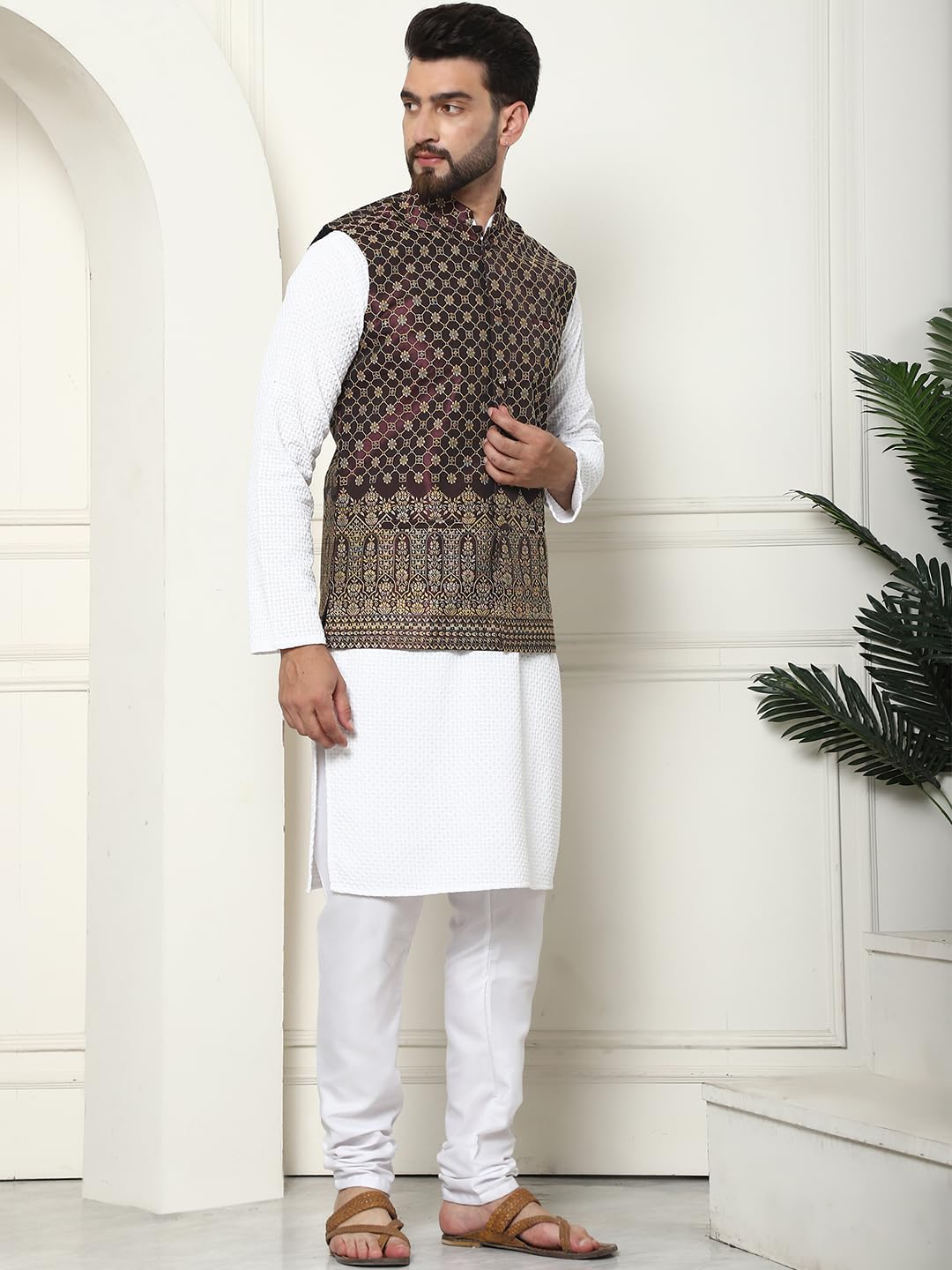 Sojanya (Since 1958 Men's Pure Cotton White Kurta And White Pyjama With Wine Nehru Jacket