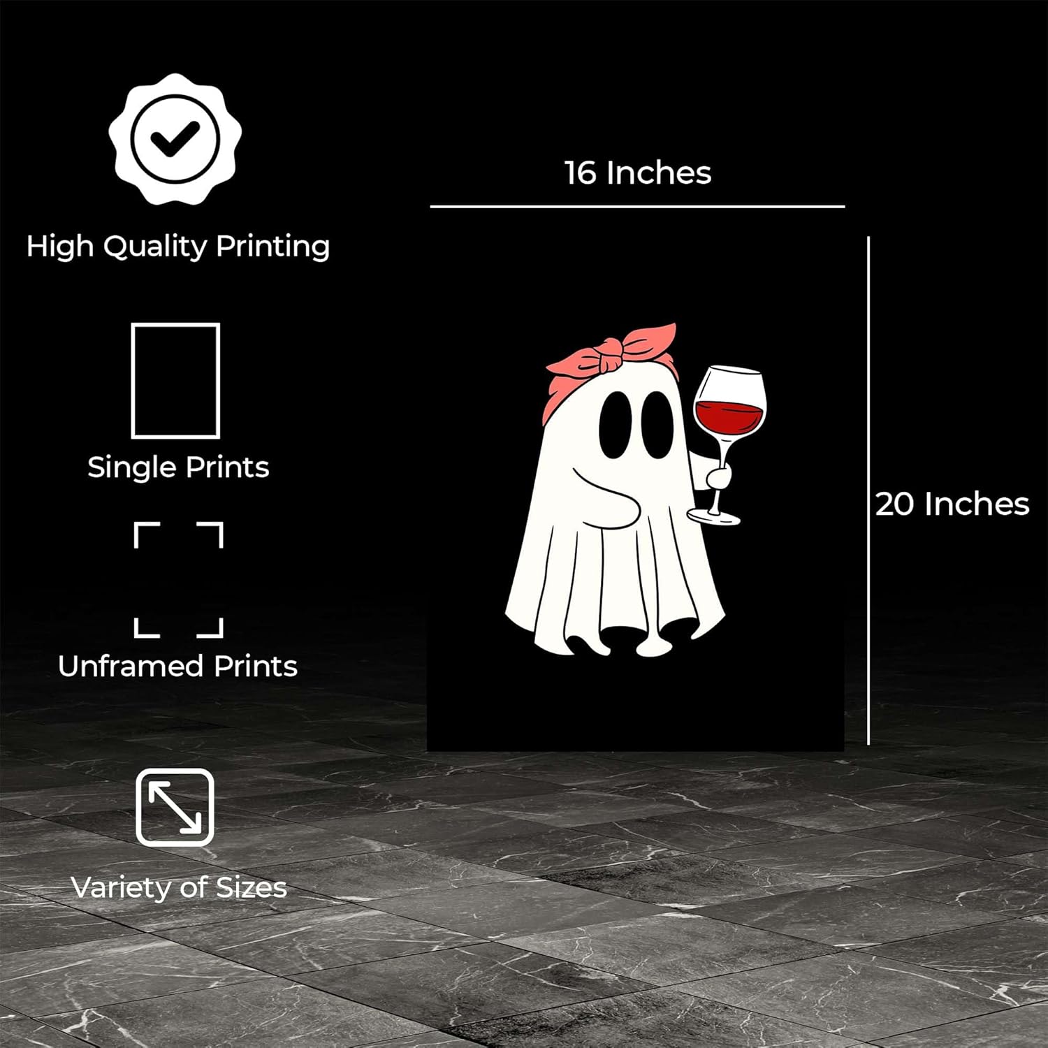 InkFlow Posters White Ghost Wine Poster - Playful Ghost with Wine Glass Illustration - Black Halloween Graphic Design - Modern Childhood Wall Decor Accent - 16x20 Unframed Canvas Print