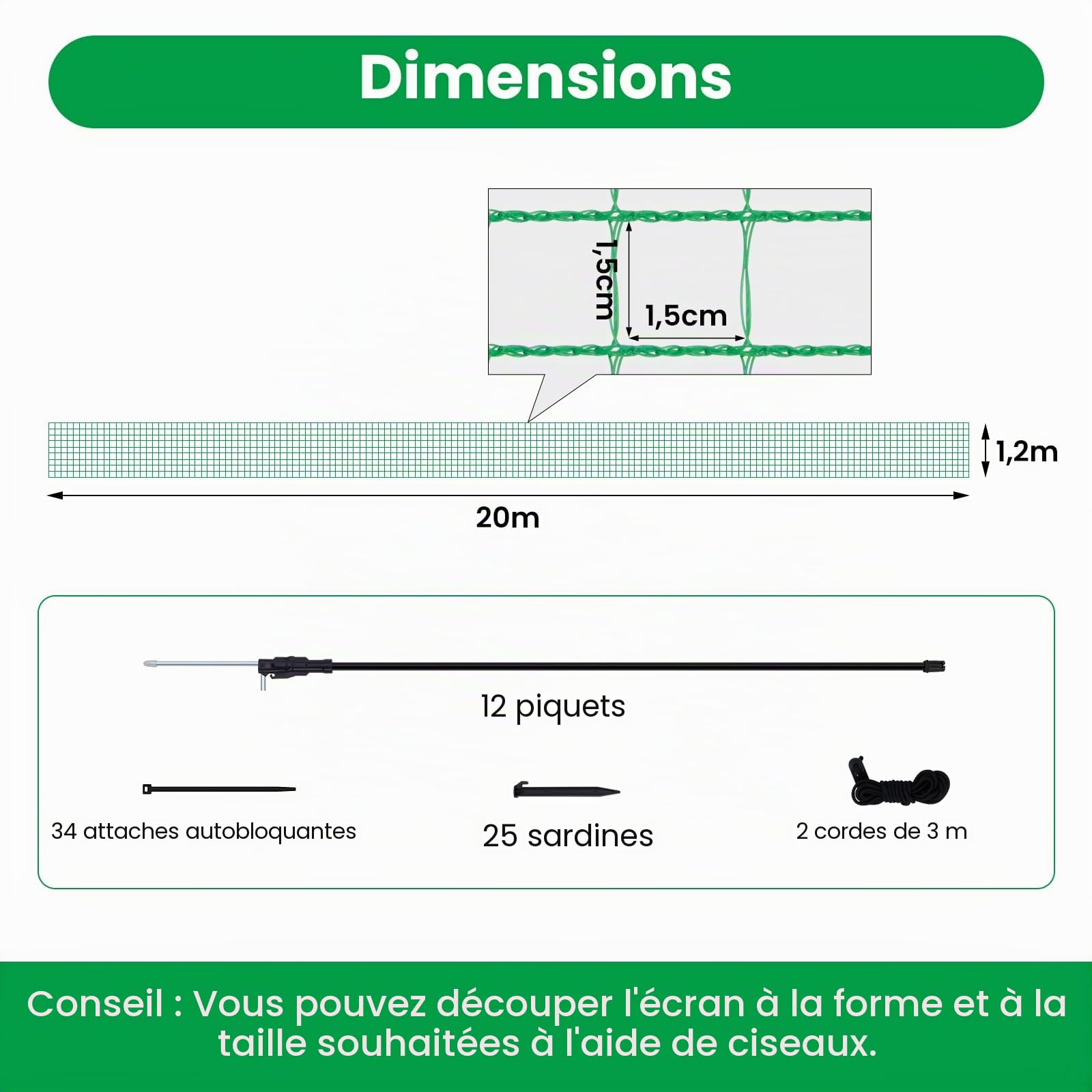 WOLTU Filet de Volière 20x1,2m, Filet Anti-Oiseaux Filet de Protection Jardin, Clôture pour Poules, avec Cordes Piquets de Terre Attaches-Câbles, 53 g/m² PE, Vert