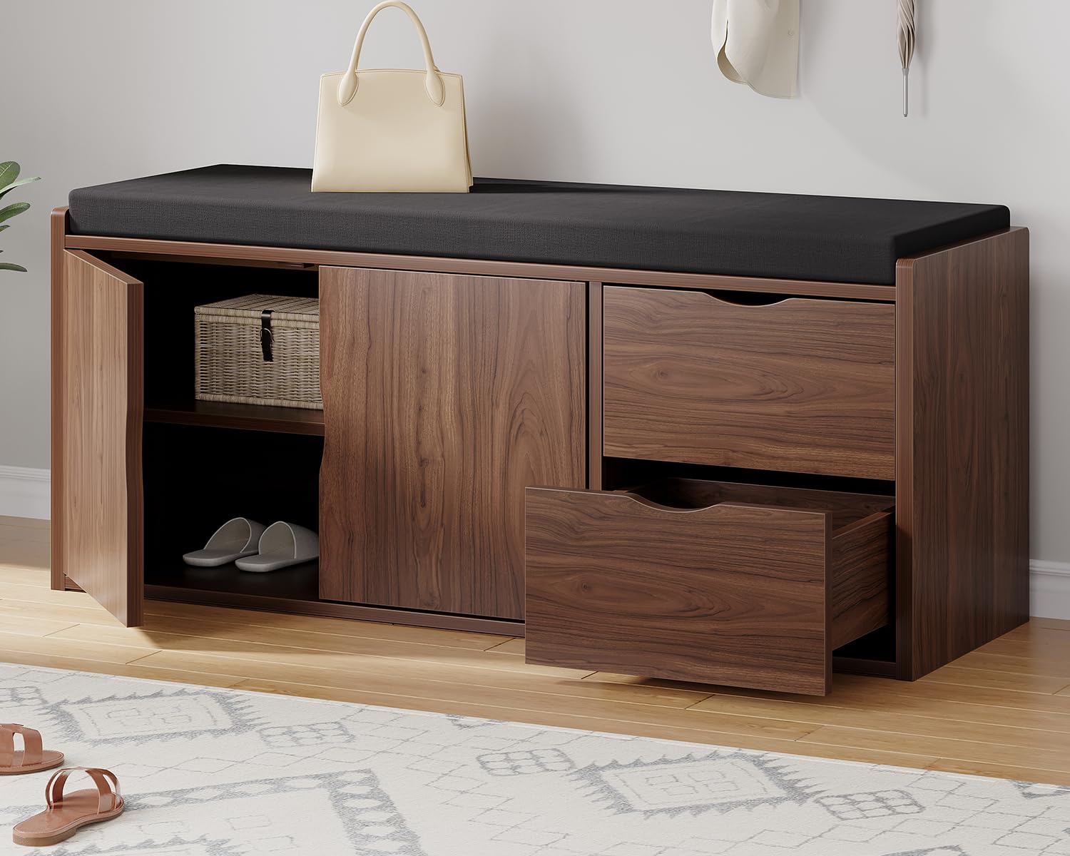 LVB 40” Entryway Storage Bench with Padded Seat Cushion, Wood Hidden Shoe Organizer Bench with 2 Drawers Cabinet, Industrial Shoe Bench for Foyer Entrance Living Bedroom, Walnut Oak, 40 inch