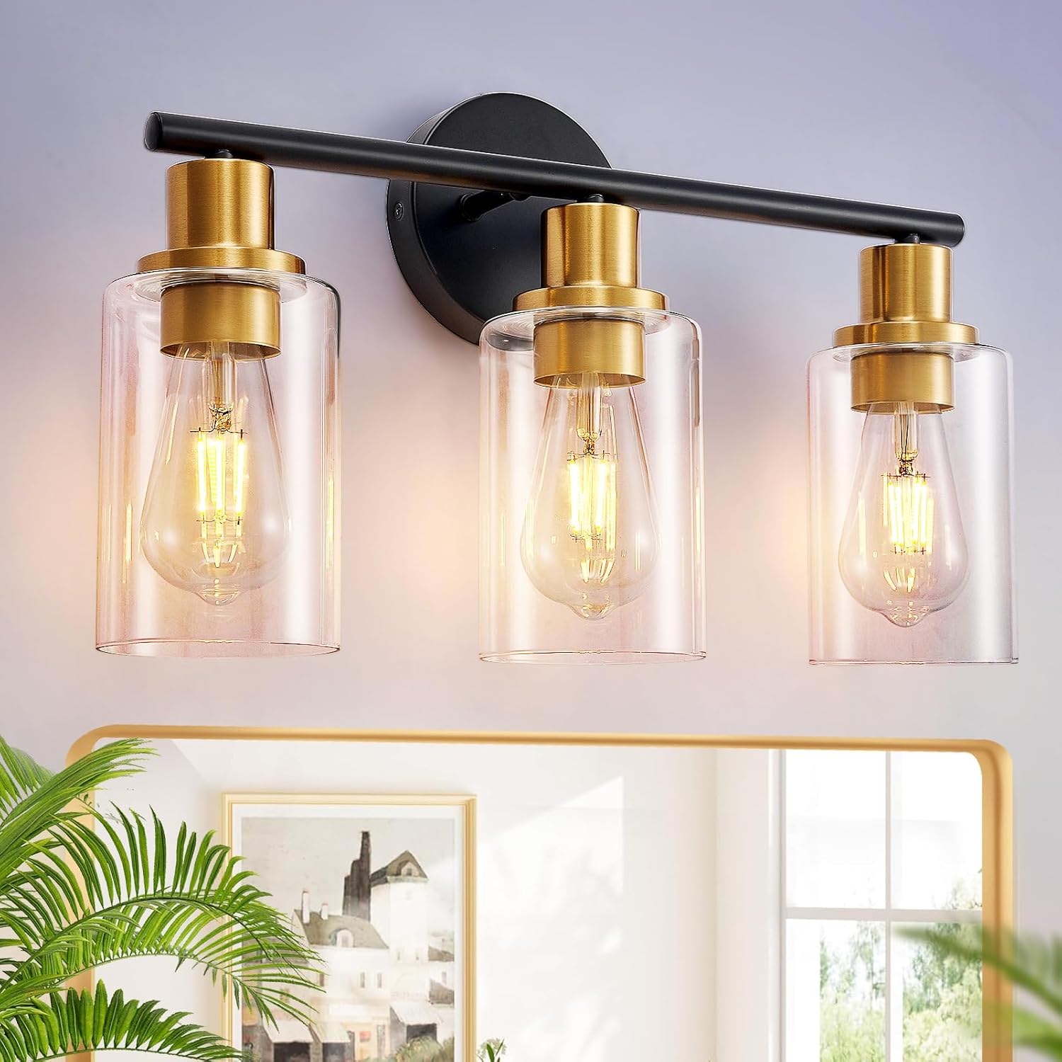 DLLT 3-Light Bathroom Light Fixtures: Black and Gold Modern Vanity Lights with 3 E26 Bulbs - Clear Glass Shade Bathroom Wall Lamp for Mirror Kitchen Living Room Hallway Cabinet Porch