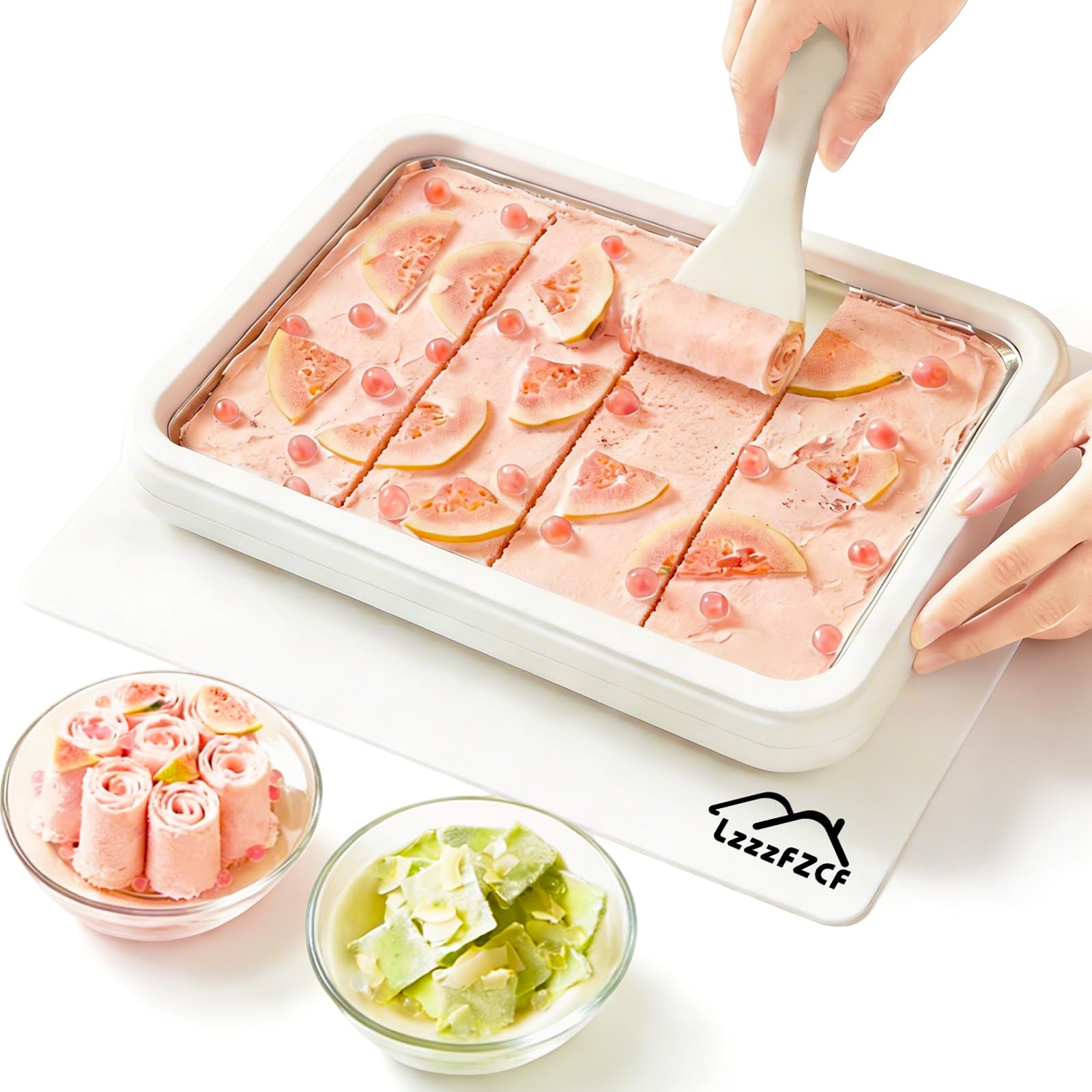 LzzzFZCF Rolled Ice Cream Maker - 304 Stainless Steel Cool Plate with 2 Spatulas and Lid, Instant DIY Ice Cream Roller Tray for Family Fun (White)