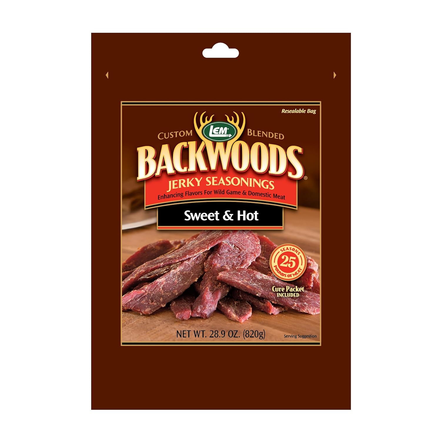 LEM Products Backwoods Sweet & Hot Jerky Seasoning, Ideal for Wild Game and Domestic Meat, Seasons Up to 25 Pounds of Meat, 28.9 Ounce Packet with Pre-Measured Cure Packet Included