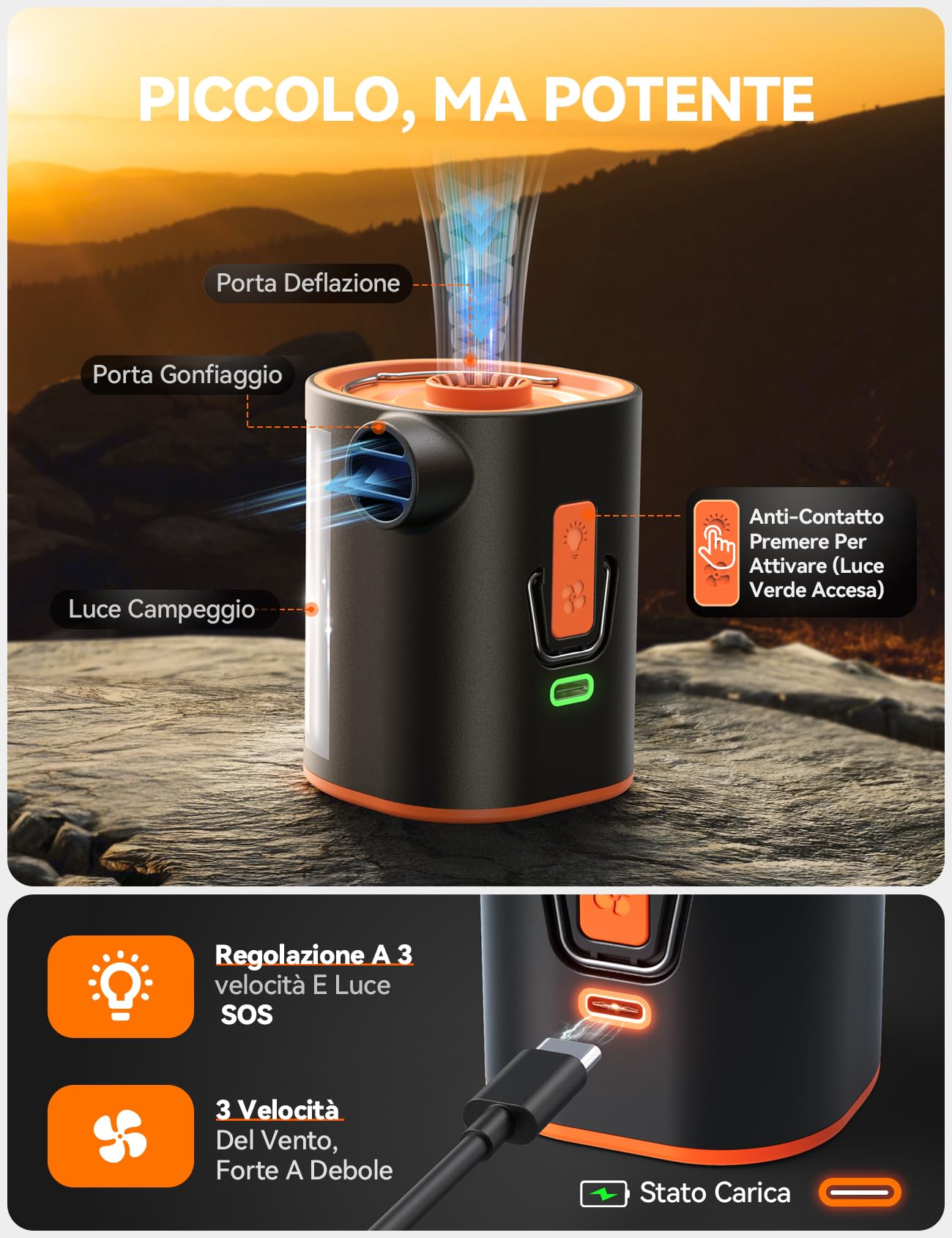 JOYROOM Pompa Elettrica Compatta per Materasso Gonfiabile con Luce da Campeggio, 4,8kPa Ricaricabile Pompa per Materasso Gonfiabile con 3600 mAh, 6 Ugelli per Cuscini Gonfiabili, Sacchi Sotto Vuoto