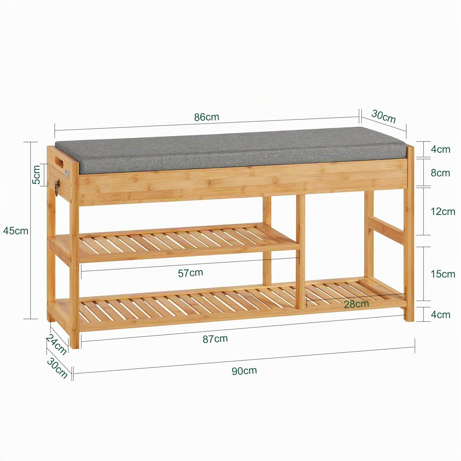 SoBuy Banc Chaussures en Bambou 90x30x45cm pour entrée | Banquette rangement avec assise rembourrée et 2 tiroirs latéraux, bambou verni, charge 150kg, naturel FSR47-N