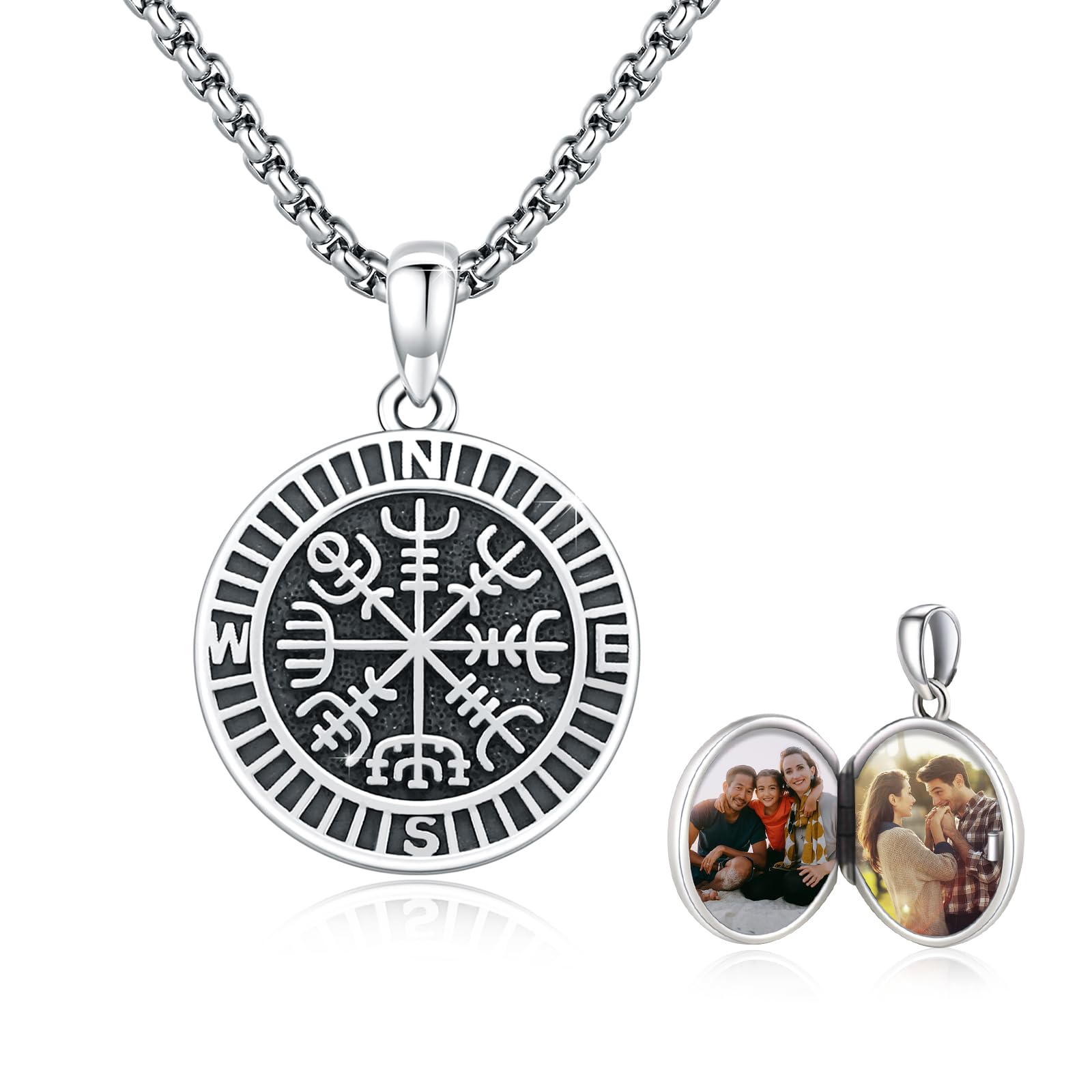 MEDWISECompass Locket Necklace 925 Sterling Silver Viking Chain Photo Locket Amulet Personalised Medallion with Photo Compass Jewellery for Men Boys Women Gifts 20 + 2 Inch Stainless Steel Chain
