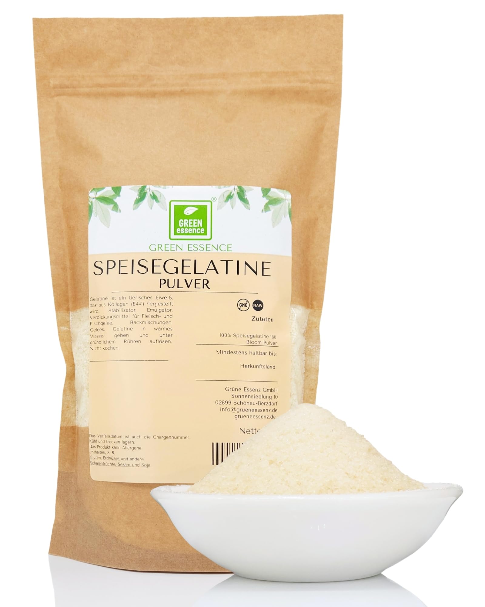 Speisegelatine 180 Bloom 1 kg von der Grünen Essenz | Gelatine Pulver Schweinegelatine Aspikpulver zum Andicken von Gelees, Desserts und Fleischgelees Erstklassige Qualität der Lebensmittel (1 Kg)