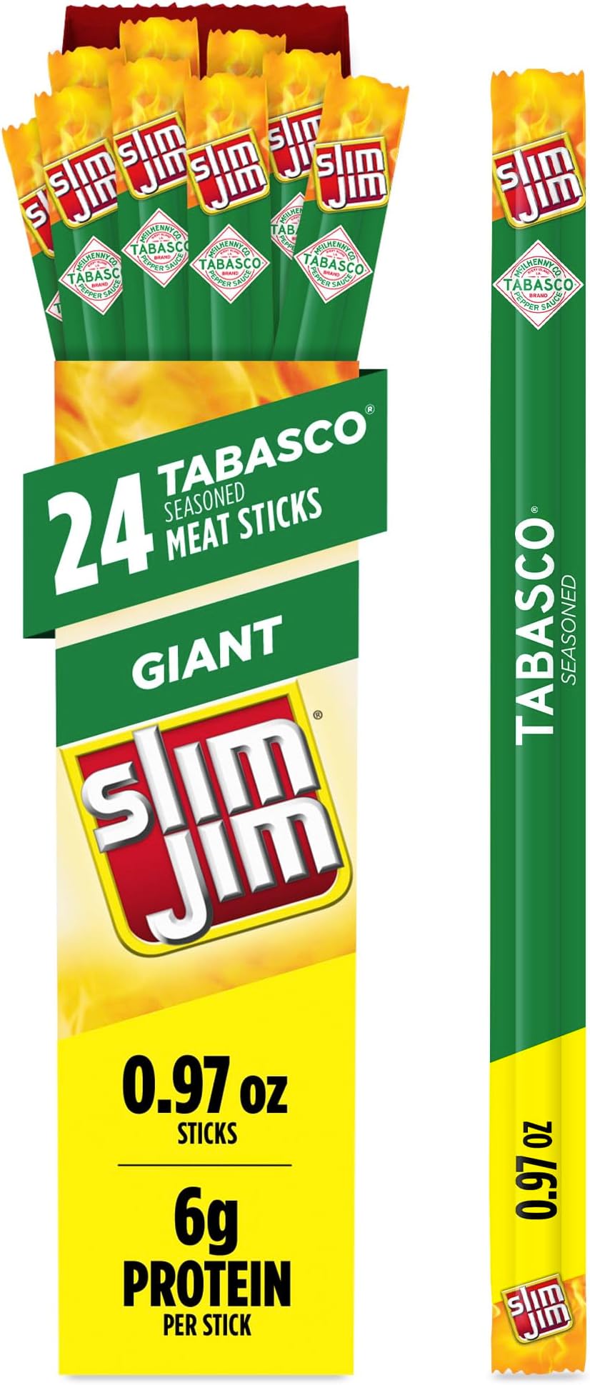 Giant Smoked Meat Sticks, Tabasco Flavor, 6G Protein Per Stick, Great Christmas Gift, 0.97 Oz. (24 Count)
