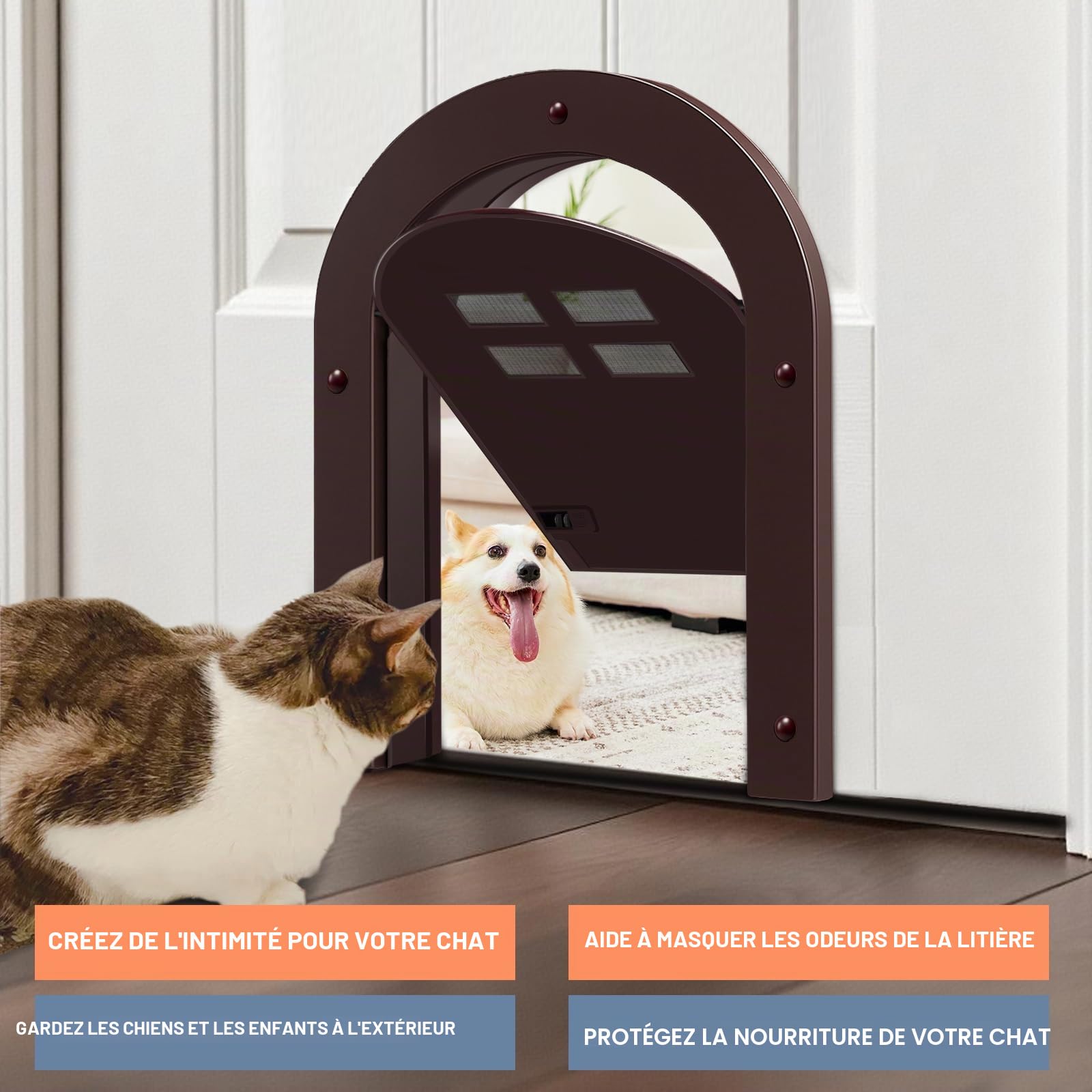 Wordcam Porte intérieure pour chat - Verrouillage à 2 voies - Pour chats jusqu'à 9 kg - Porte pour animaux domestiques - Pour chats, chatons et petits chiens (marron)