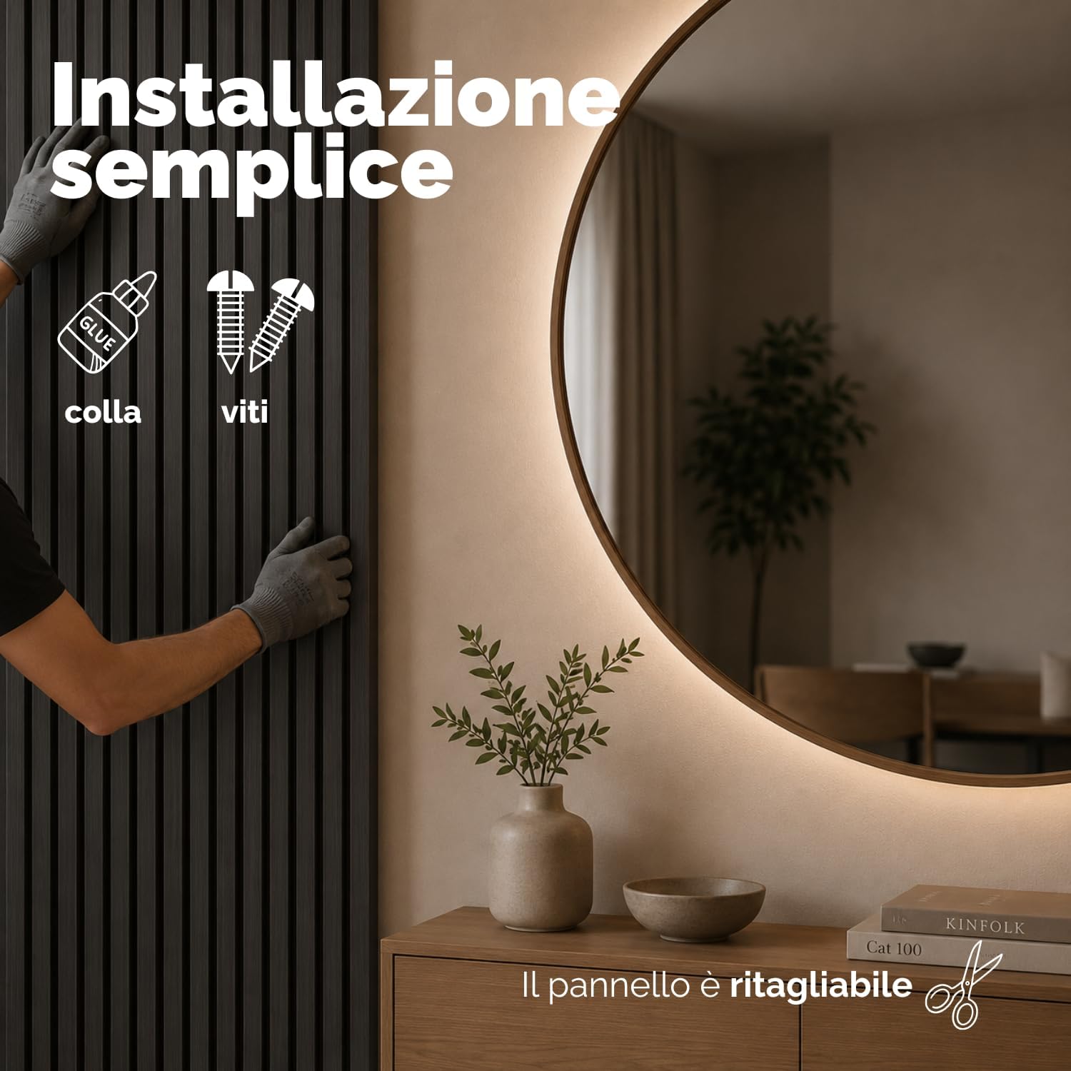 Paluplus Set 4 Pannelli Fonoassorbenti con Doghe Effetto Legno, Misura 120x60 cm - 2,88 ㎡, Pannello 3D Spessore da 2,1 cm, Rivestimento Acustico Decorativo per Pareti e Soffitti -4544M -22 (Nero)