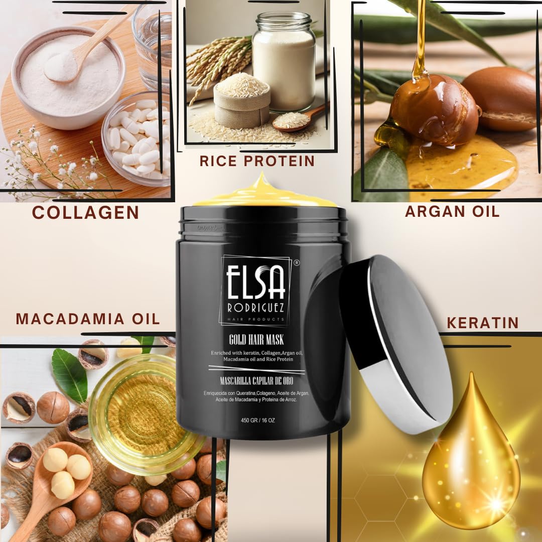Gold hair mask, treatment deep conditioner for dry damaged hair, enriched with products natural keratin,collagen,argan oil, macadamia & rice protein, repairing hair mask of 16Oz. - Image 2