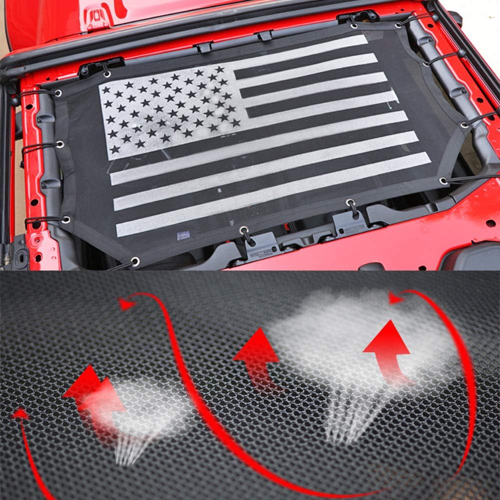 Drizzle Front Eclipse Sunshade Mesh Shade Bikini Top Cover with USA Flag Provides UV Sun Protection Replacement for 2018 2019 Jeep Wrangler JL JLU 2 Door Soft Top (JL-Blackflag(s), 2-Door)