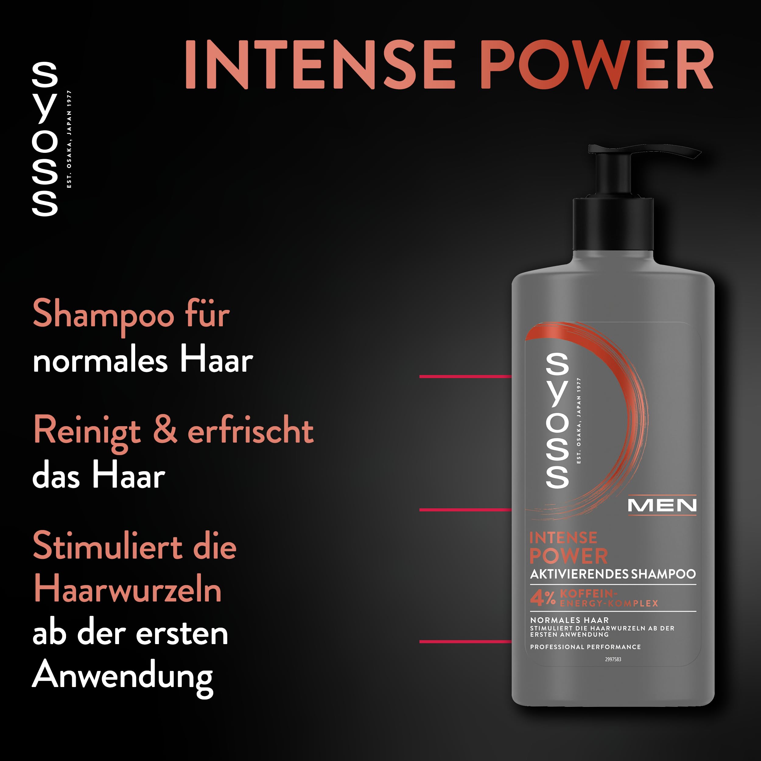 Syoss Men Power Shampoo (12x 440 ml) für normales Haar, kräftigend mit Koffein & Power-Boost Technologie, Haarwurzelstimulation, 90% natürliche Inhaltsstoffe, recyceltes Plastik