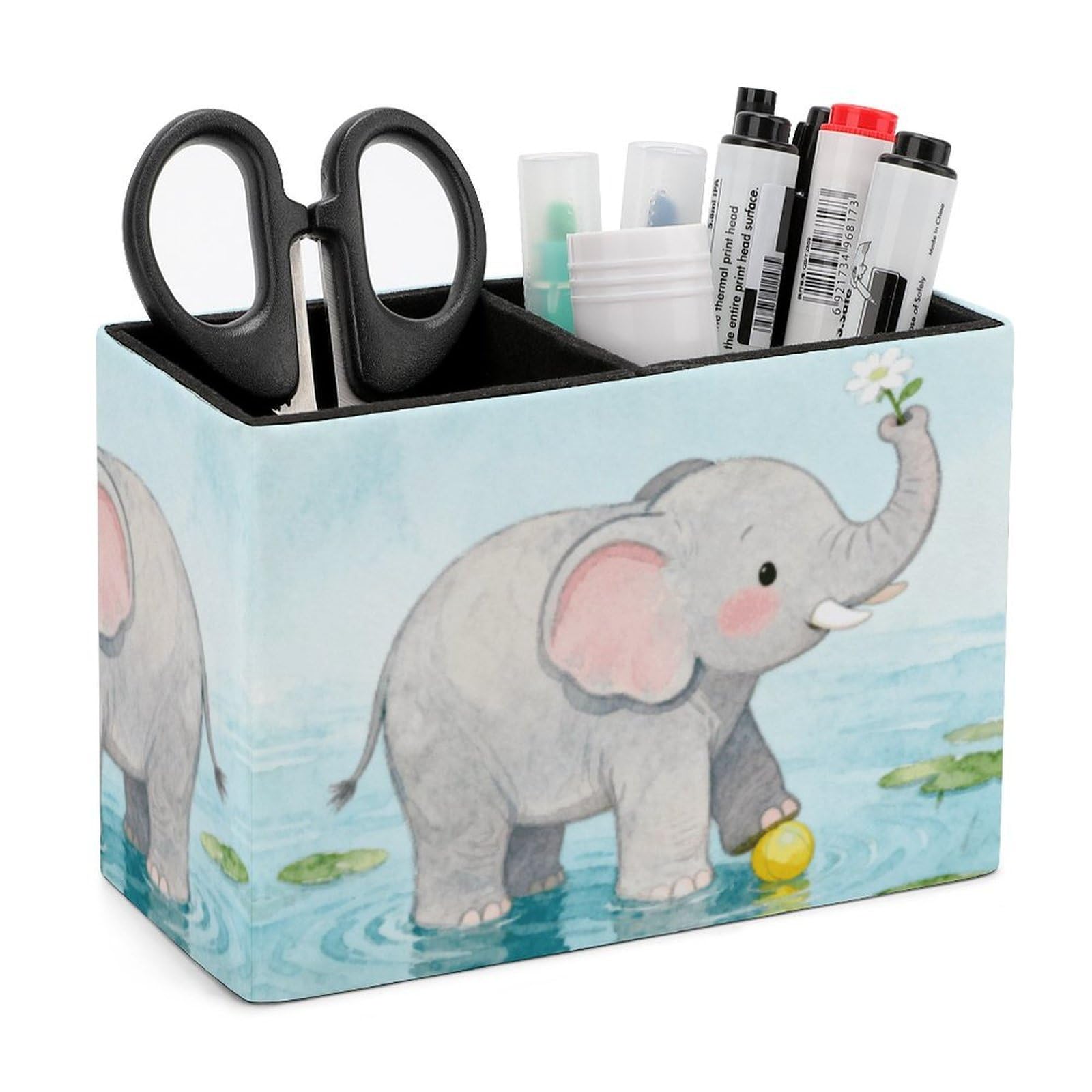 LZQPOEAS Exquisite Patterns PU Leather Pen Holder, Multifunctional Desktop Organizer Caddy with 2 Compartments, Elephant Pencil Cup Makeup Brush Holder for Office Home