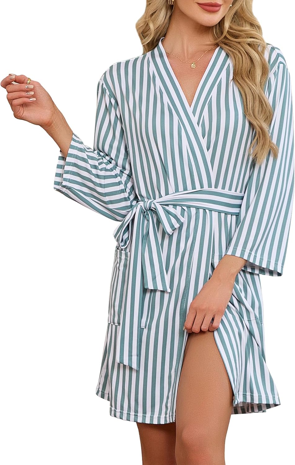 LYCY Robes for Women Striped Short Bathrobe, Soft Lightweight Kimono Robe with Pockets