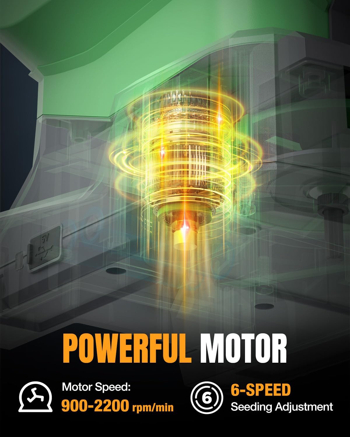 Image showing the powerful motor of the WORKPROX spreader with motor speed range of 900-2200 rpm/min and 6-speed seeding adjustment.