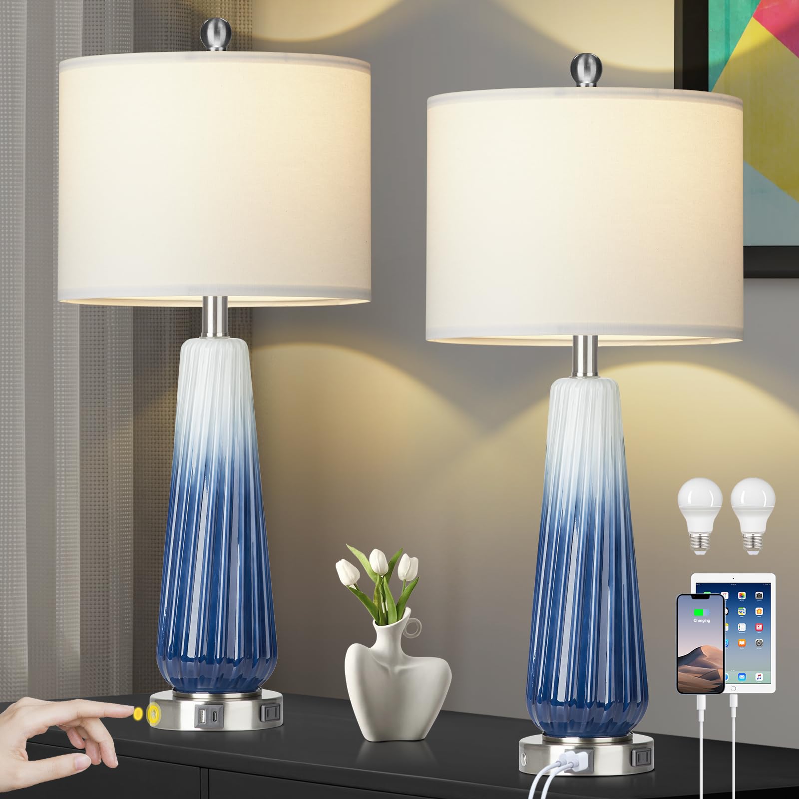 Glass Table Lamp Set of 2, Modern Table Lamps with USB A+C Ports & AC Outlet, Touch Control Bedside Nightstand Lamp with LED Night Light & White Fabric Shade for Living Room Blue(4 Bulbs Included)