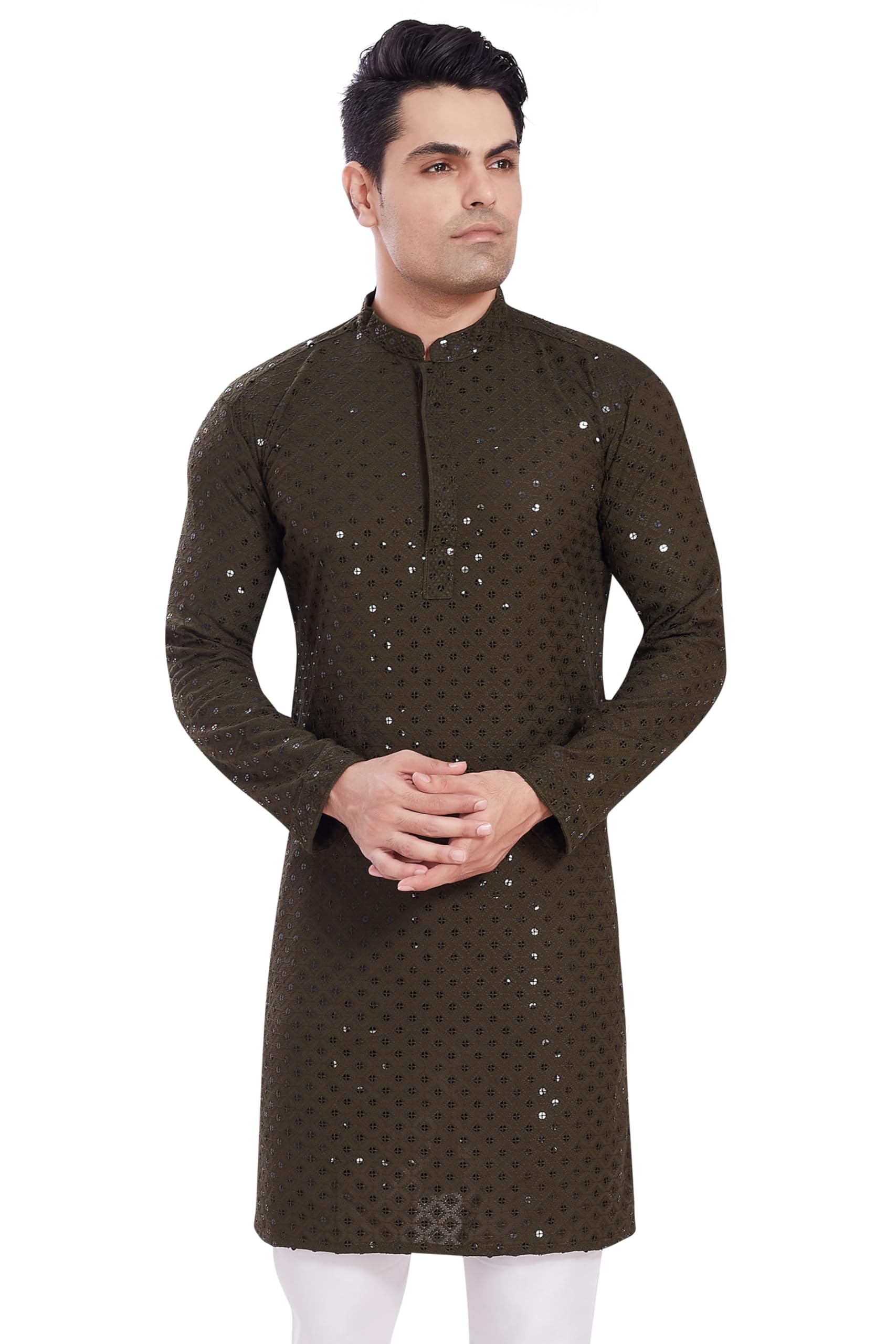Divisive Men's Sequince Embroidered Cotton Blend Only Slim Fit Kurta (Dkrt524_Xl_Mehndi)