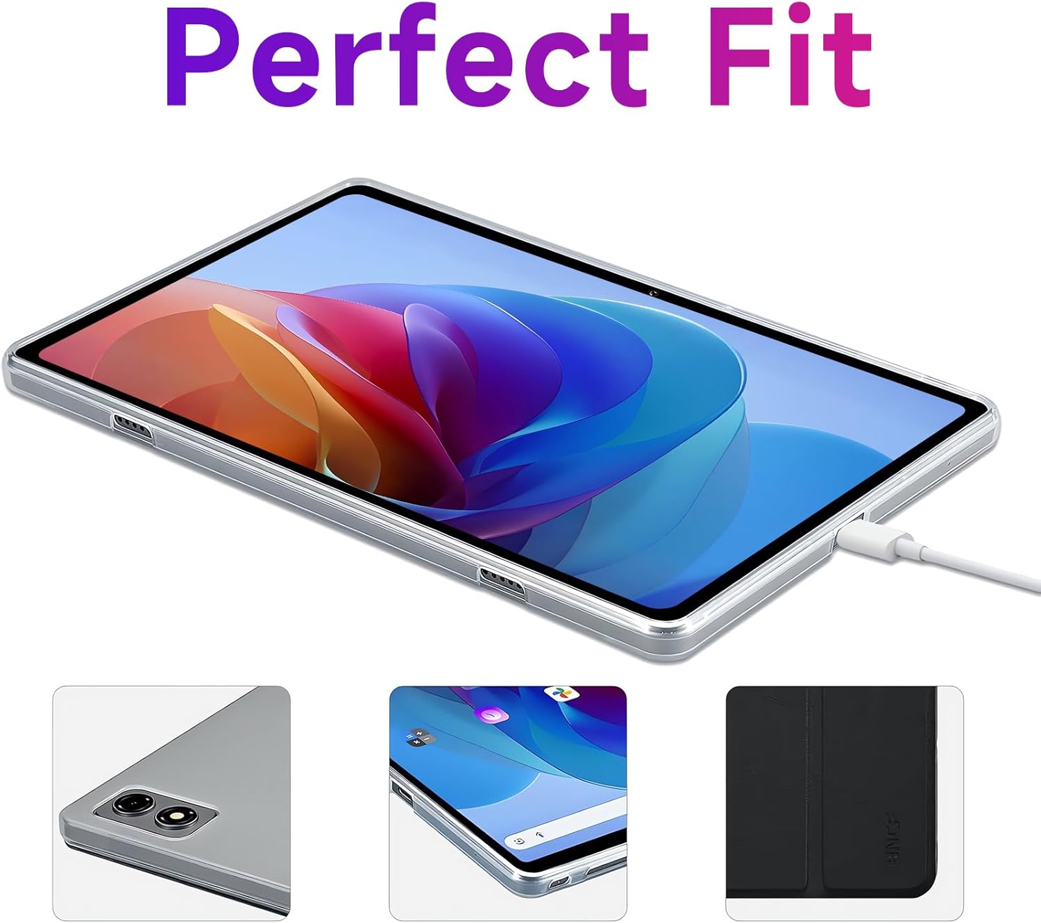 Close-up of the BNCF Bpad 10 tablet in its case, showing precise cutouts for charging port, speakers, and buttons.