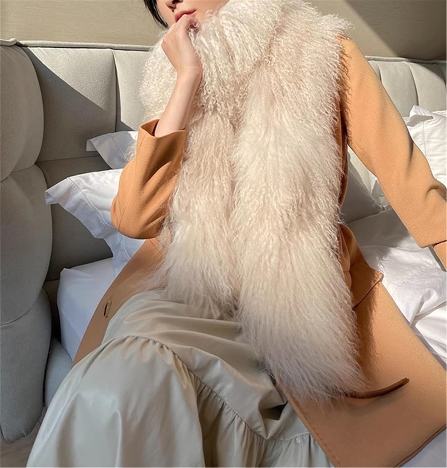 MY-21 Women's Winter Warm Big Fluffy Scarf With Real Mongolian Lamb Fur Long Furry Fur Scarves Shawl Curly Hair - Image 5