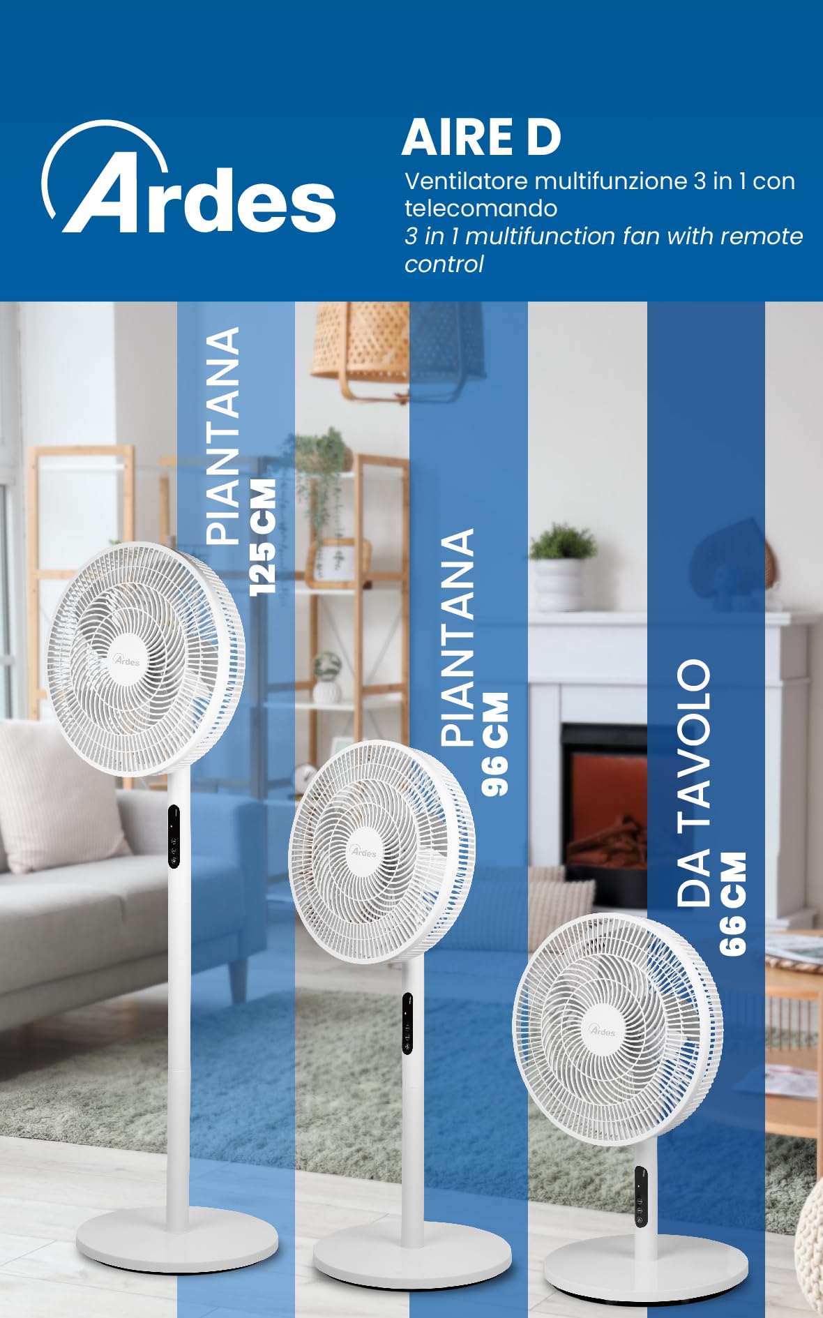 ARDES AIRE D AR5PR4005 Ventilateur 3 en 1 Ø40 cm 50 W avec télécommande, hauteur réglable 66–125 cm et minuterie 9 h
