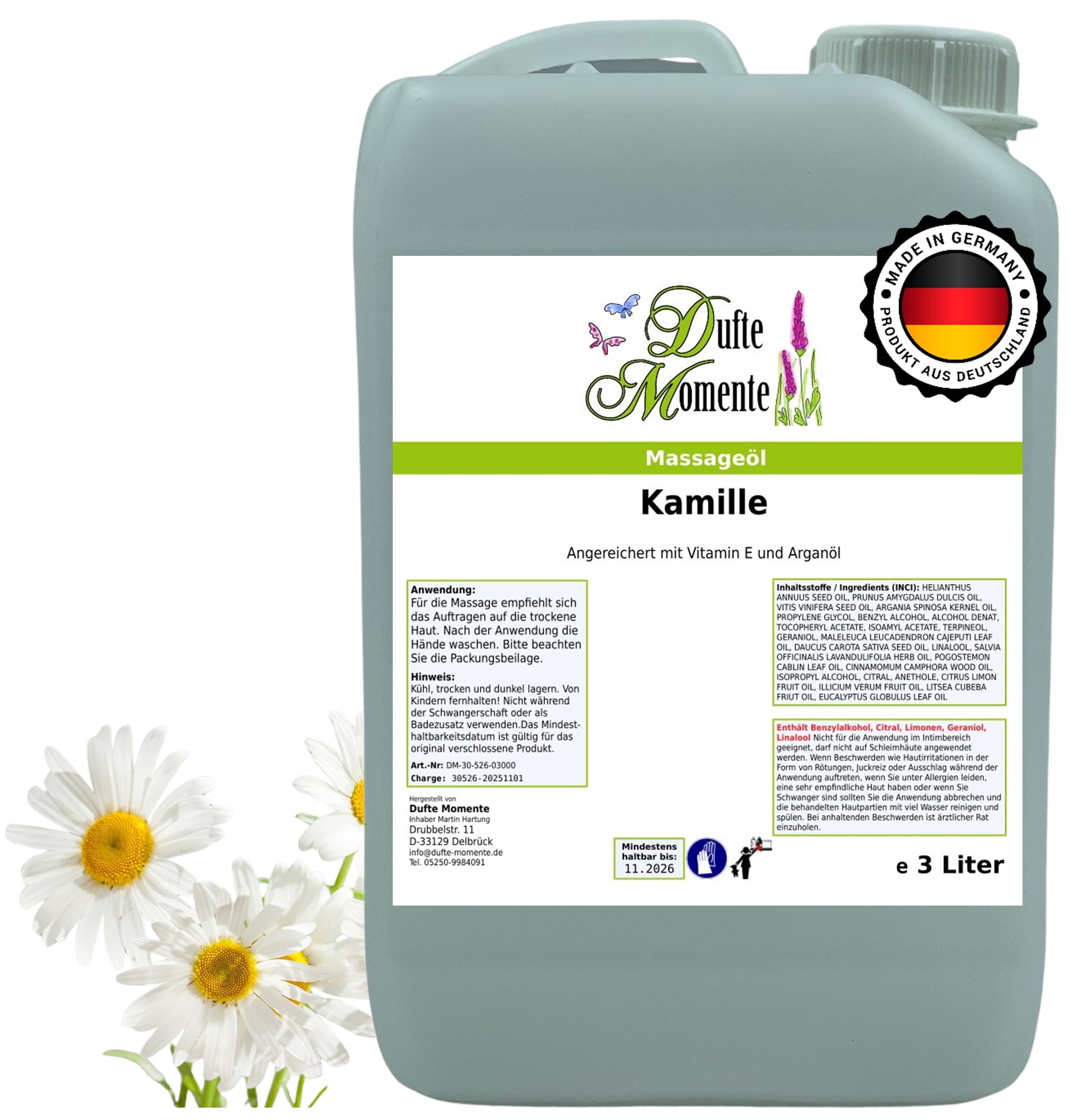 Dufte Momente Massageöl Kamille – 3 Liter – Pflanzenölbasis mit ätherischem Kamillenöl – sanft & pflegend – für Massage & Wellness – vegan & Made in Germany