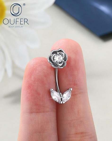 OUFER 14G Oro Fiore Piercing Ombelico, Acciaio Chirurgico 316L Belly Button Ring con Trasparente Rotondo CZ e Foglia Marquise, 10 mm Silver Navel Ring Per Donne - 2
