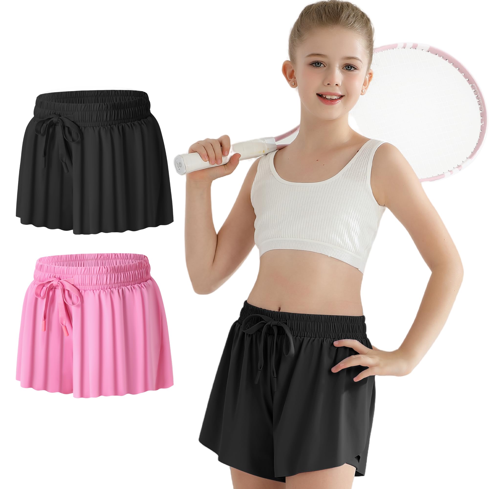 Girls Flowy Athletic Shorts with Pocket Kids Spandex 2 in 1 Drawstring Butterfly Skorts for Cheer, Dance, Running