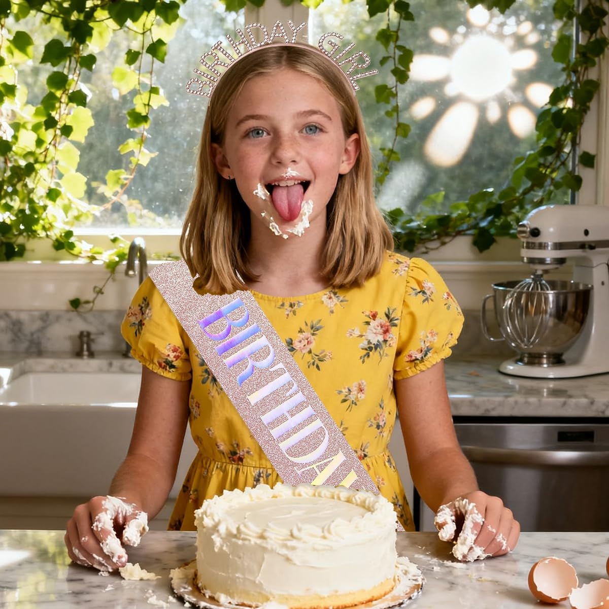 ローズゴールドバースデーガールサッシュ、ヘッドバンド、ハッピーバースデーバナー、吊り下げ渦巻き装飾、プリンセス用ラインストーンティア