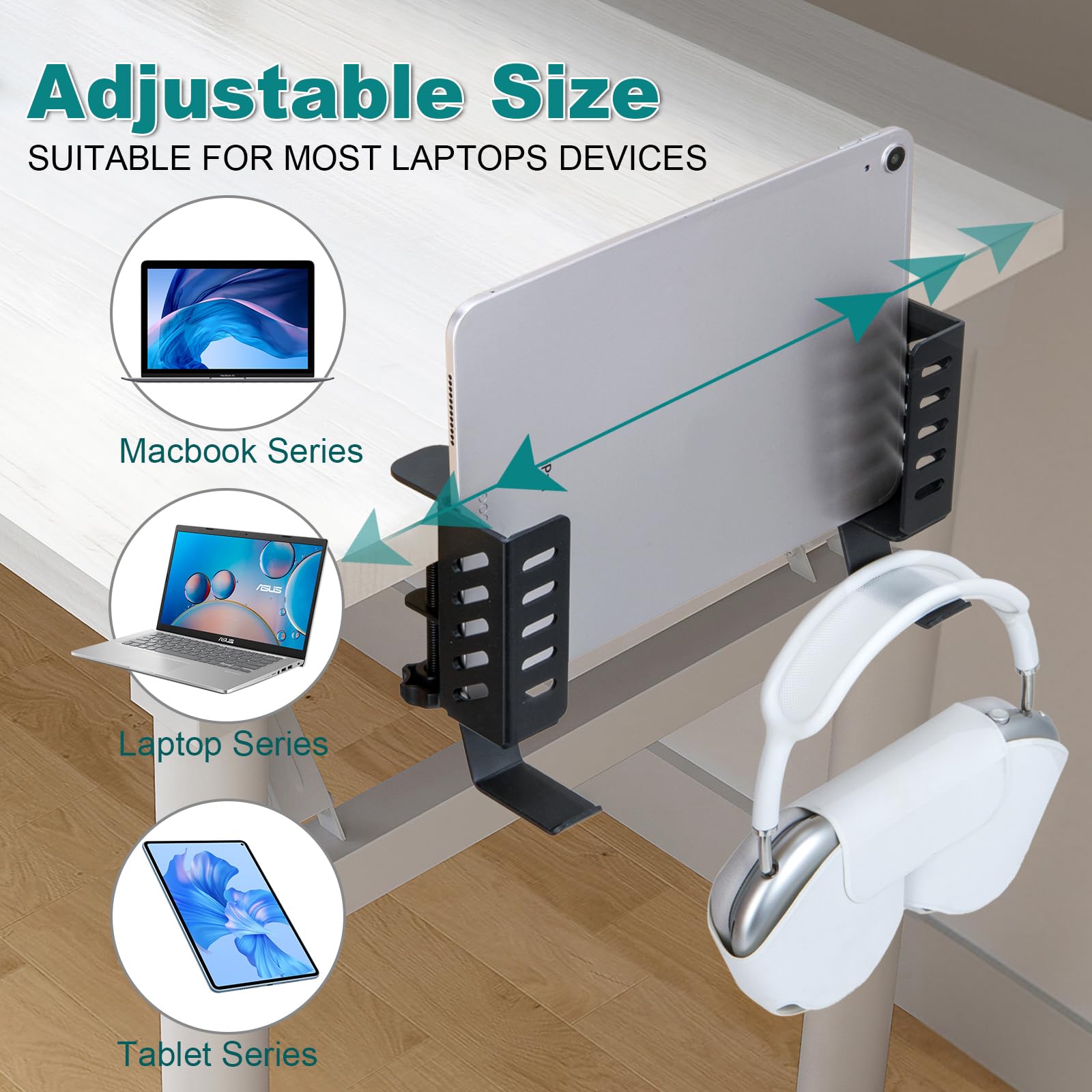 FEIKU Supporto da scrivania per computer portatile, senza trapano, da appendere per ufficio e casa, organizer laterale con morsetto per laptop/MacBook/Book/tastiere/cuffie/gamepad/zaino, nero