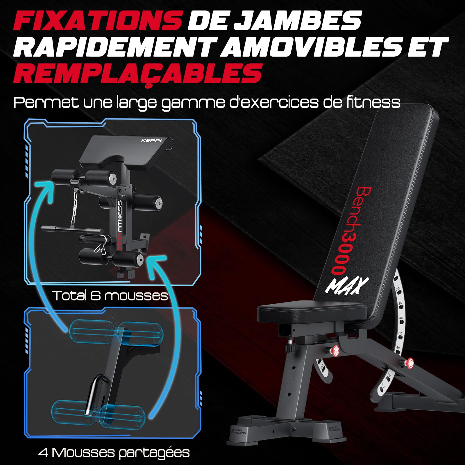 Keppi Banc Musculation, Capacité de 600 kg, Réglable et Robuste pour Salle de Sport à Domicile, Entraînement Complet du Corps avec Extension des Jambes et Prêcheur - Bench3000 Max