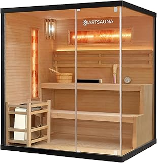 Artsauna Saunakabine Vantaa 175 mit Salzstein - Indoor Sauna 4 Personen - 8 kW Ofen, Glasfront, LED Licht, Thermometer & Sanduhr - Komplett Set